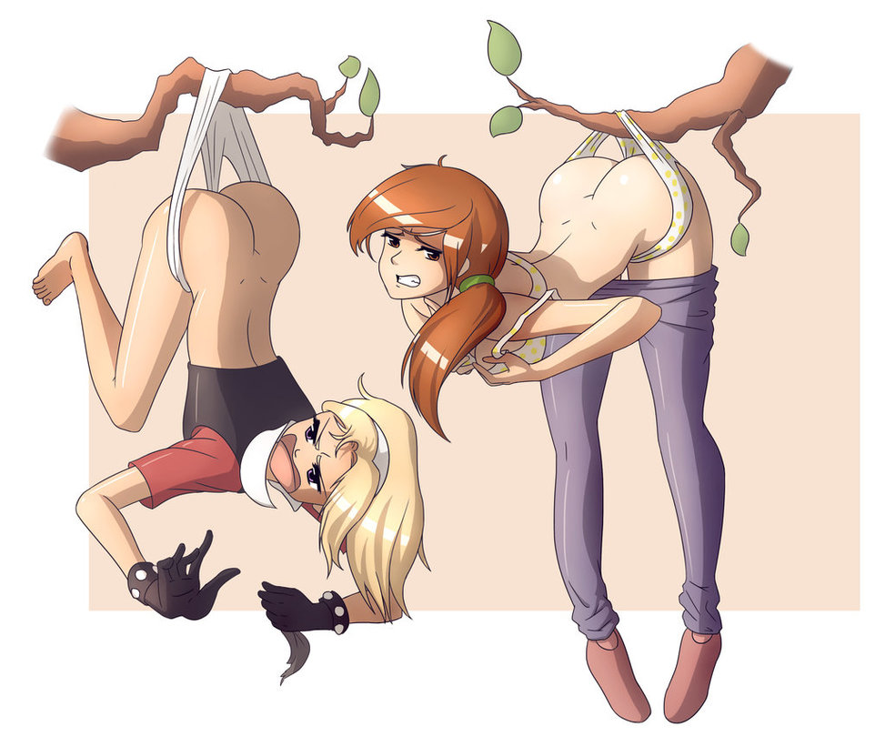 2girls, ass, auburn hair, barefoot, blonde hair, bondage, caught, clenched teeth, clothes stuck on object, exposed ass, female, female only, femsub, gloves, hanging, hanging from branch, hanging wedgie, multiple females, multiple girls, multiple subs, open mouth, panties, pants down, pants pull, tree, tree branch, wedgie, white panties