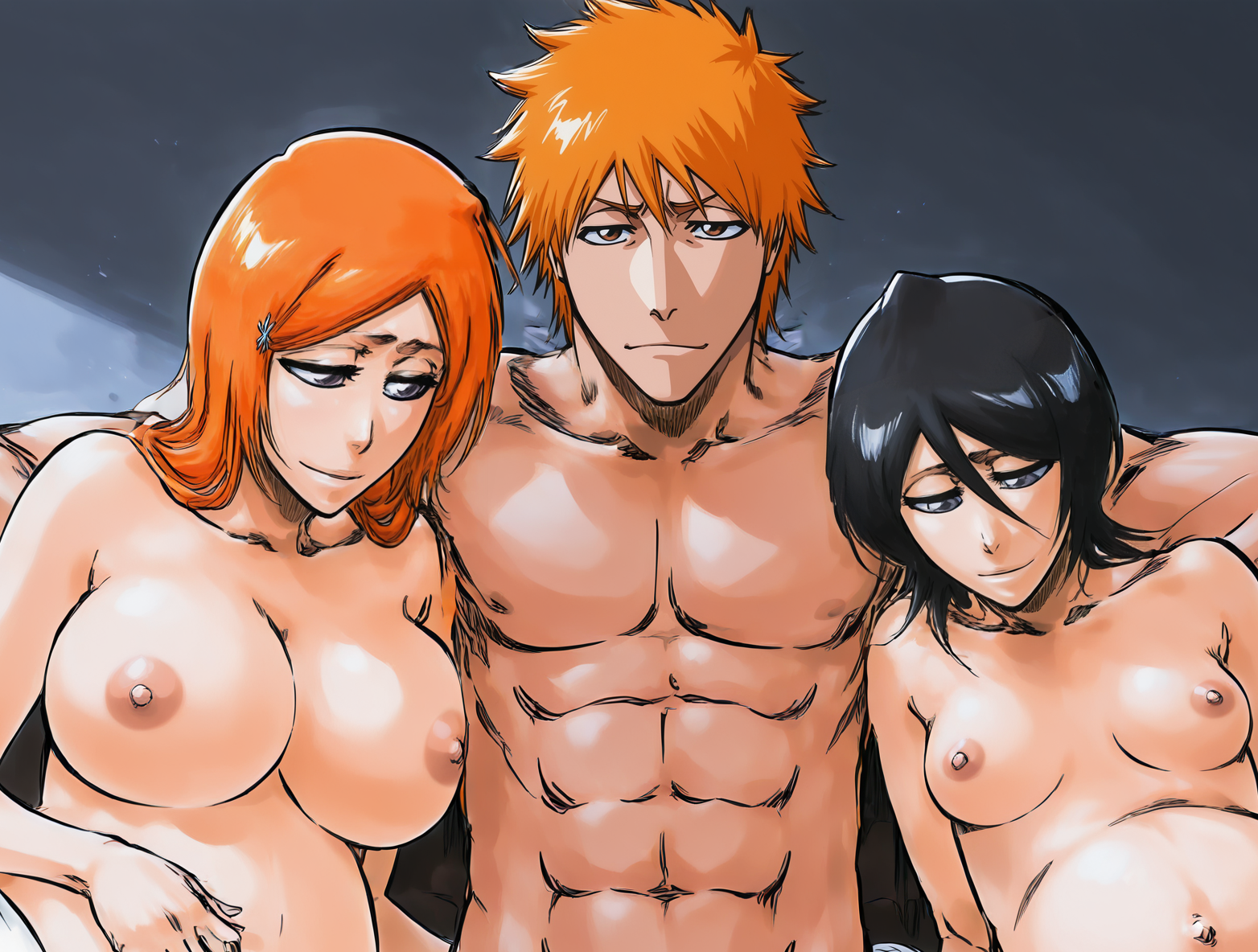 1boy, 2girls, ai generated, areolae, big breasts, bleach, breasts, inoue orihime, kuchiki rukia, kurosaki ichigo, looking at viewer, nipples, pregnant, small breasts, tagme