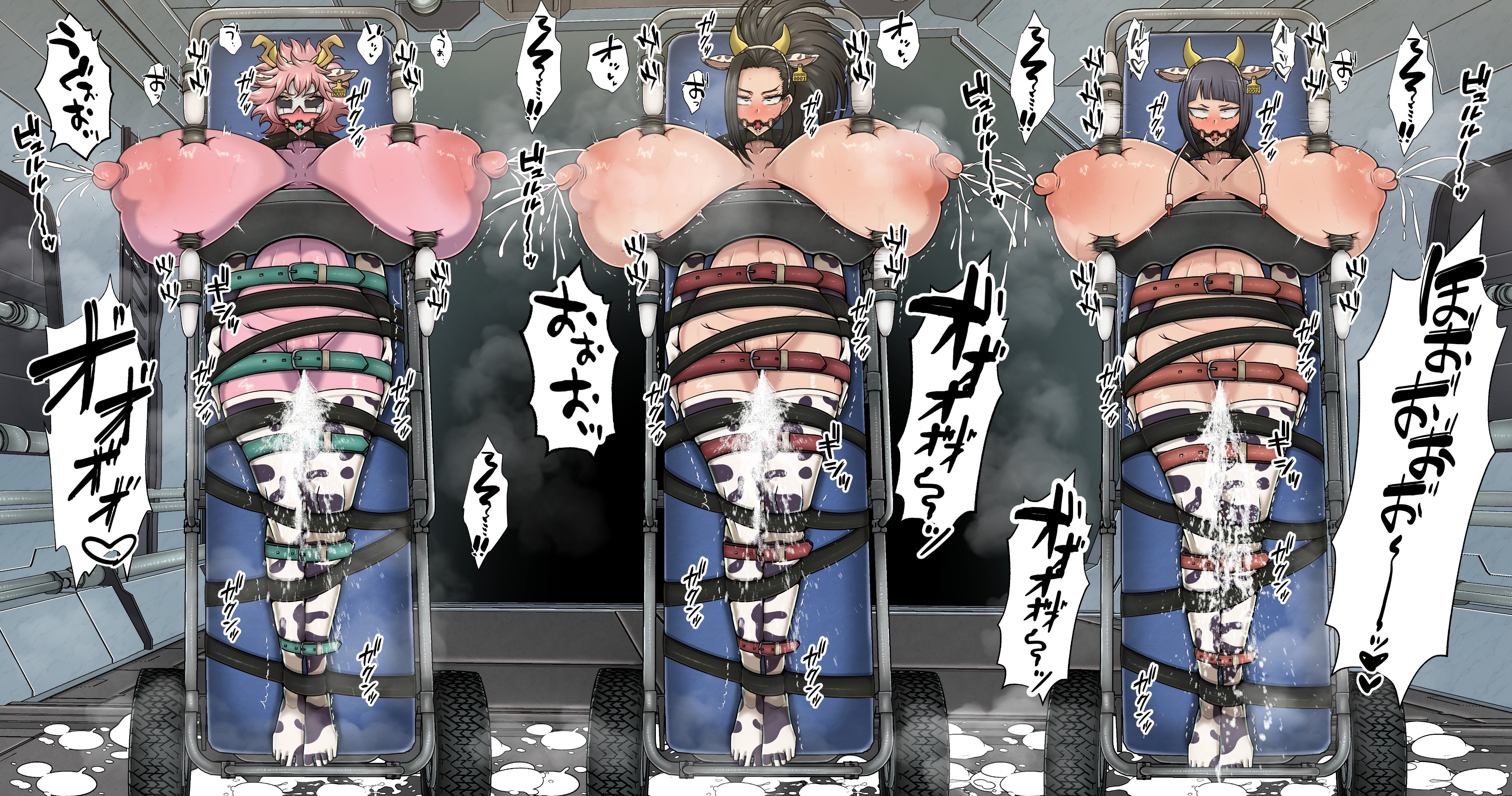 3girls, alternate breast size, big nipples, black hair, bondage, breasts apart, breasts bigger than head, cow print, dubious consent, erect penis, female, gigantic breasts, hand truck, huge breasts, hyper breasts, kyoka jiro, lactation, light skin, migimuki karei, mina ashido, momo yaoyorozu, multiple girls, my hero academia, nipples bigger than head, orgasm face, orgasmo, pink hair, pink skin, puffy nipples, pussy juice, squirting, tagme, translation request