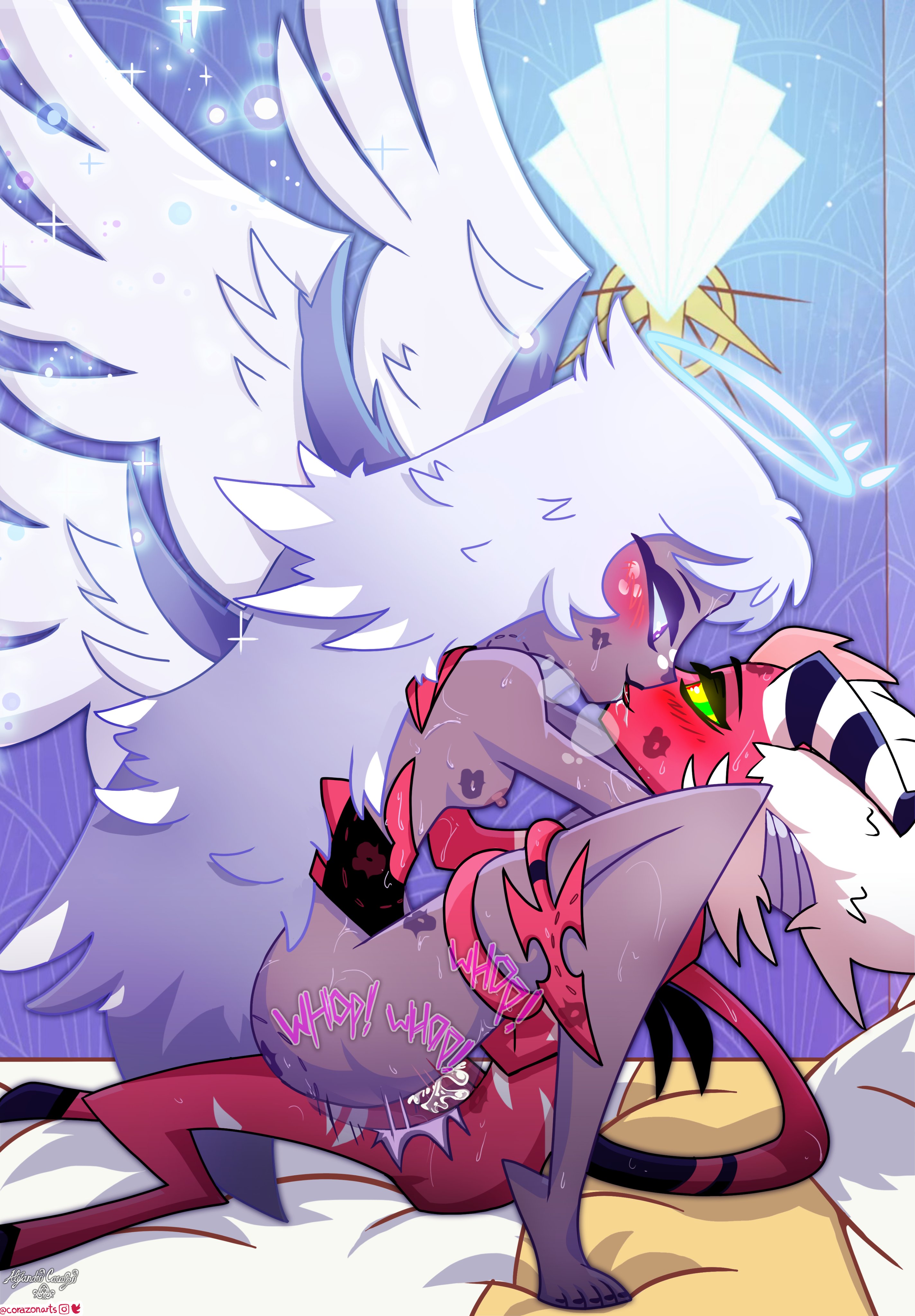 aless (corazonarts), angel, angel and demon, corazonarts, cowgirl position, demon, emily (hazbin hotel), hazbin hotel, hazbin hotel oc, imp, kiss mark, kissing, kissing while penetrated, naked, naked female, naked male, nude, nude female, nude male, penetration, sex