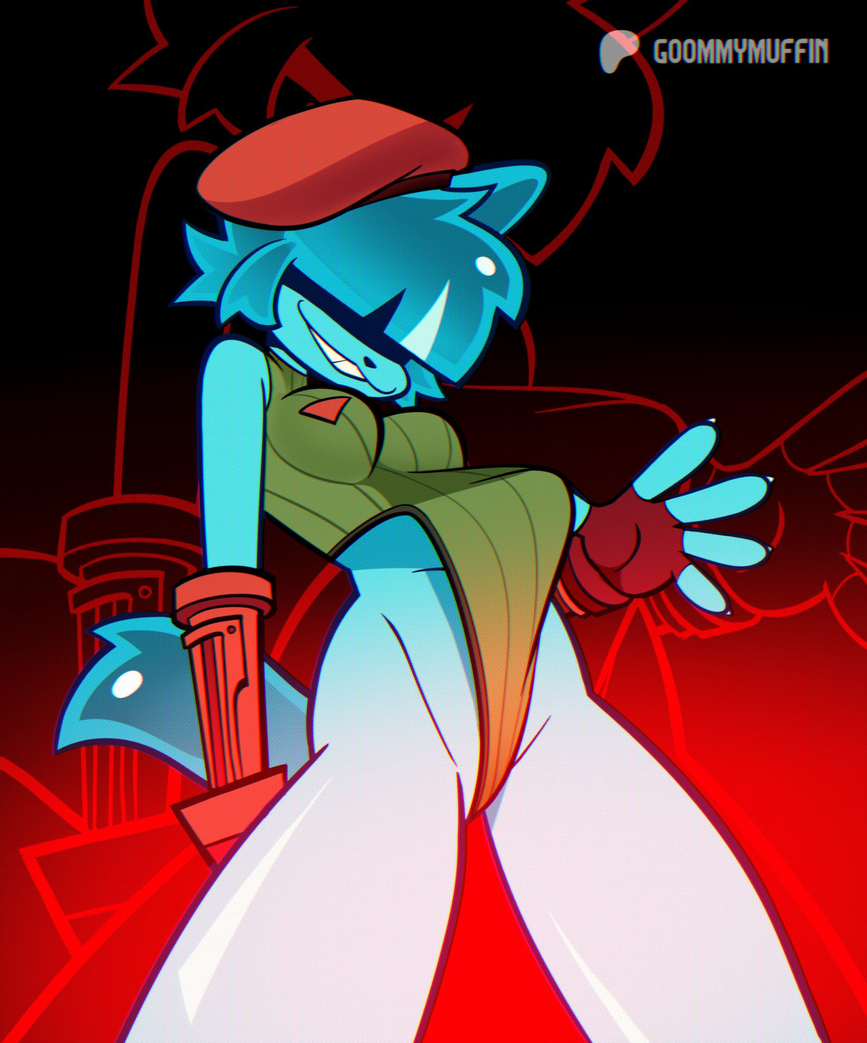 blue body, cammy white (cosplay), cat ears, cat girl, cat tail, catgirl, goommy (goommymuffin), goommymuffin, goommymuffin (artist), grin, grinning, grinning at viewer, hips, lifting clothing, lifting own clothes, looking at viewer, official art, pelvic line, source request, street fighter, waist