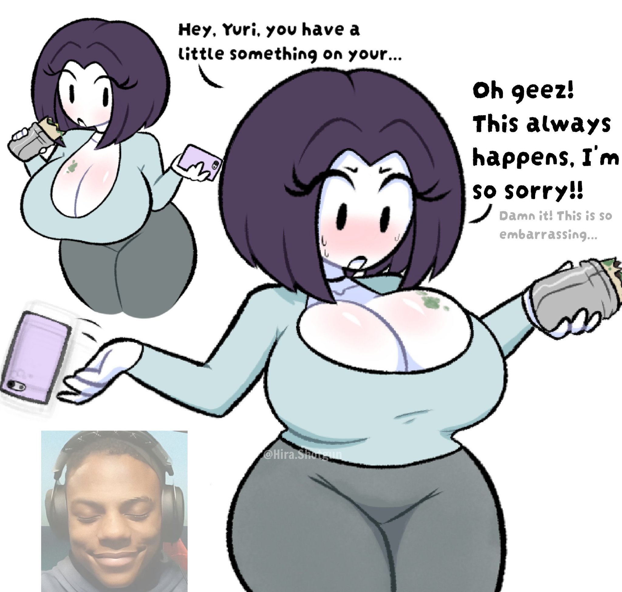 blush, burrito, casual exposure, curvy, dark hair, female, food, hira.shotgun, ishowspeed, leaning forward, meme, multiple views, my mom is kinda homeless, not porn, pale skin, phone, purple hair, simple background, solo, text