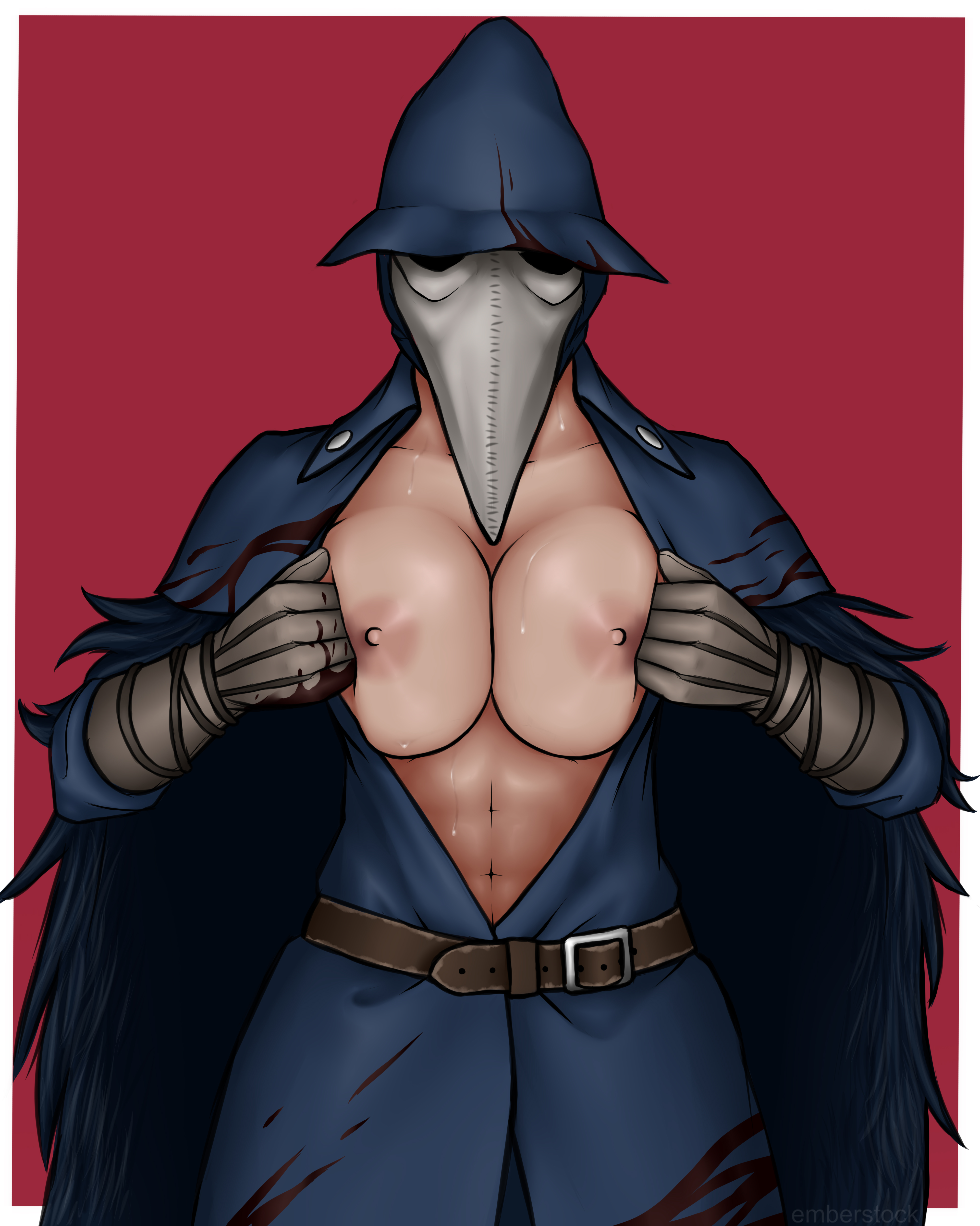 abs, big breasts, bloodborne, breasts, clothing, eileen the crow, emberstock, exposed breasts, faceless female, female, female abs, fromsoftware, nipples, plague doctor, shiny skin, sweat