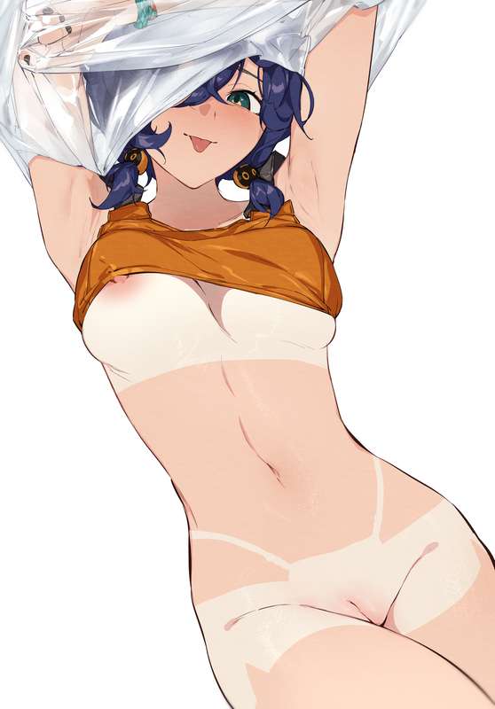 1girls, areolae, armpits, belle (summer skies) (zenless zone zero), belle (zenless zone zero), belly, big breasts, black nails, blue hair, bra, bra lift, bracelet, breasts, dutch angle, exposed armpits, female, female only, hair over one eye, hairless pussy, hands up, hips, light skin, light-skinned female, looking at viewer, medium breasts, nail polish, nashidrop, navel, nipple slip, nipples, no panties, official alternate costume, pussy, removing clothing, removing shirt, san p.dro, shaved pussy, shirt up, short hair, short twintails, smile, solo, solo female, stomach, tan body, tan skin, tan-skinned female, tanline, tanlines, tanned, tanned skin, topwear, topwear lift, turquoise eyes, uncensored, vagina, waist, white background, zenless zone zero