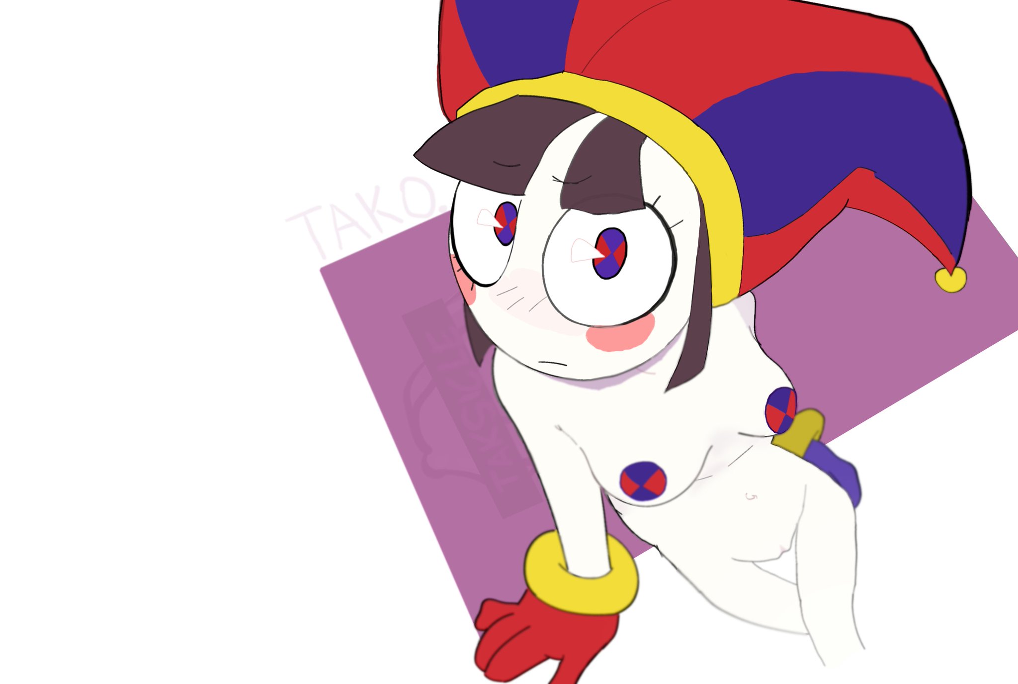 1girls, blush, blushing, breasts, female, jester, jester hat, nude, nude female, pinup, pomni (the amazing digital circus), pussy, tagme, tako friend, the amazing digital circus