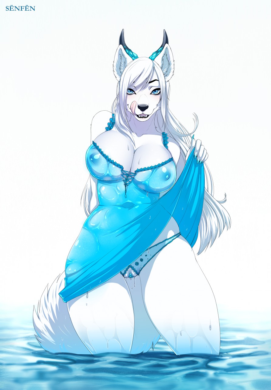 2018 anthro big_breasts black_lips black_nose blue_eyes blue_pussy breasts canine cleavage clothed clothing clothing_lift digital_media_(artwork) dress dress_lift female fur hair horn licking licking_lips looking_at_viewer mammal nipples panties pussy pussy_juice seductive senfen simple_background smile solo standing thick_thighs thigh_gap tongue tongue_out underwear voluptuous water wet white_fur white_hair whitemoon_fang wide_hips wolf xiongfeng95