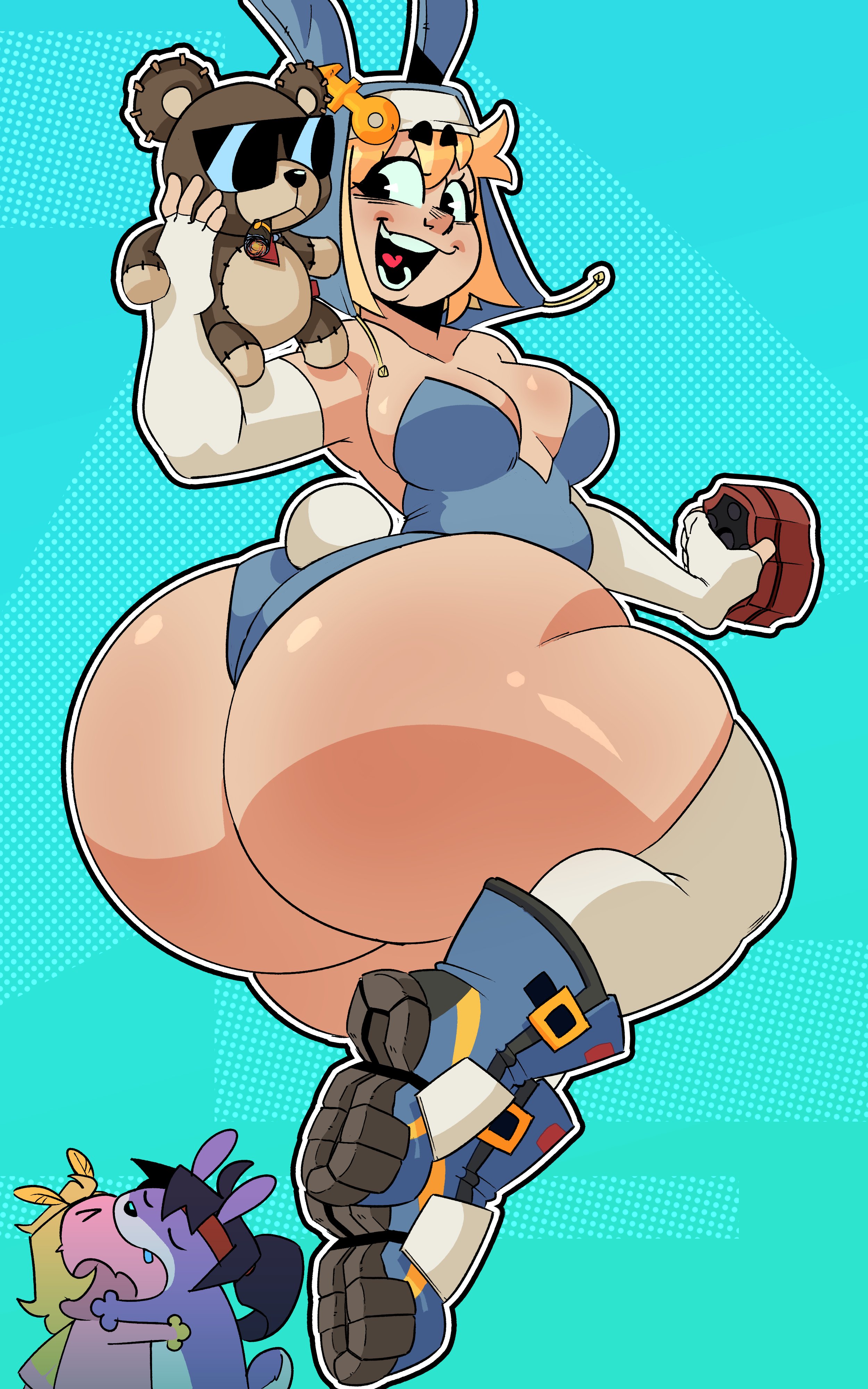 animals, ass, background characters, belly, bridget, bunny ears, bunnysuit, chubby, chubby female, elpiromanias, fat ass, furries, furry, guilty gear, happy, making out, oc, original character, sexy clothing, teddy bear, trans woman, transgender, wide hips