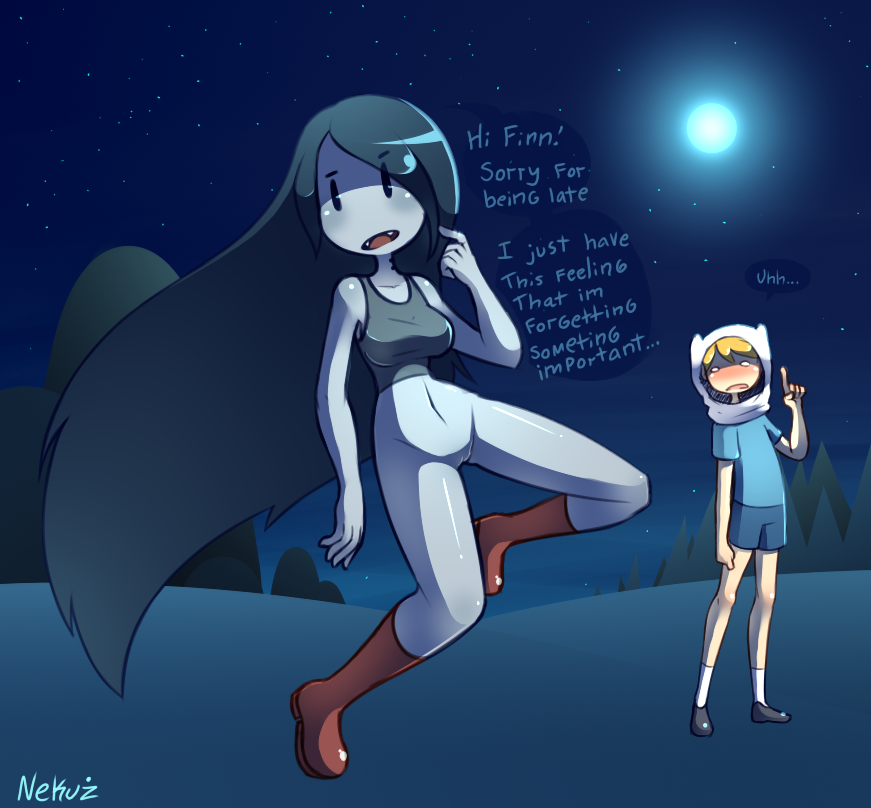 1boy 1girls adventure_time black_eyes black_hair blonde_hair blue_background blush bottomless breasts cartoon_network casual_nudity clothing clueless empty_eyes female finn_the_human floating grey_skin human innie_pussy long_hair looking_away male marceline moon nekuzx night no_panties nonchalant oblivious open_mouth outdoors pointing pussy shoes shorts sky spread_legs stars tank_top teeth text vampire watermark