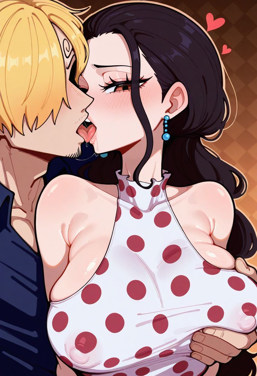 1boy, 1girls, ai generated, blonde hair, blonde-haired male, brown hair, brown-haired female, female, fondling, fondling breast, grope, grope breast, kissing, male, one piece, submissive, submissive female, tagme, vinsmoke sanji, viola (one piece)