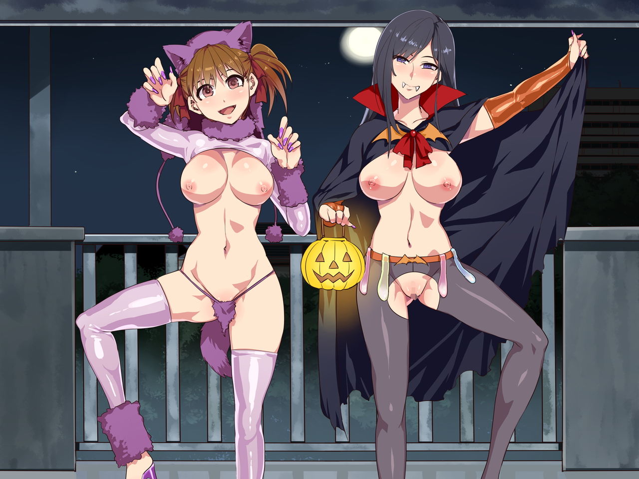 2girls animal_ears blush breasts censored condom condom_belt fangs halloween large_breasts maria-sama_ga_miteru mizuryuu_kei multiple_girls nekomata nipples pussy sachiko_ogasawara smile tail thighhighs used_condom vampire yumi_fukuzawa