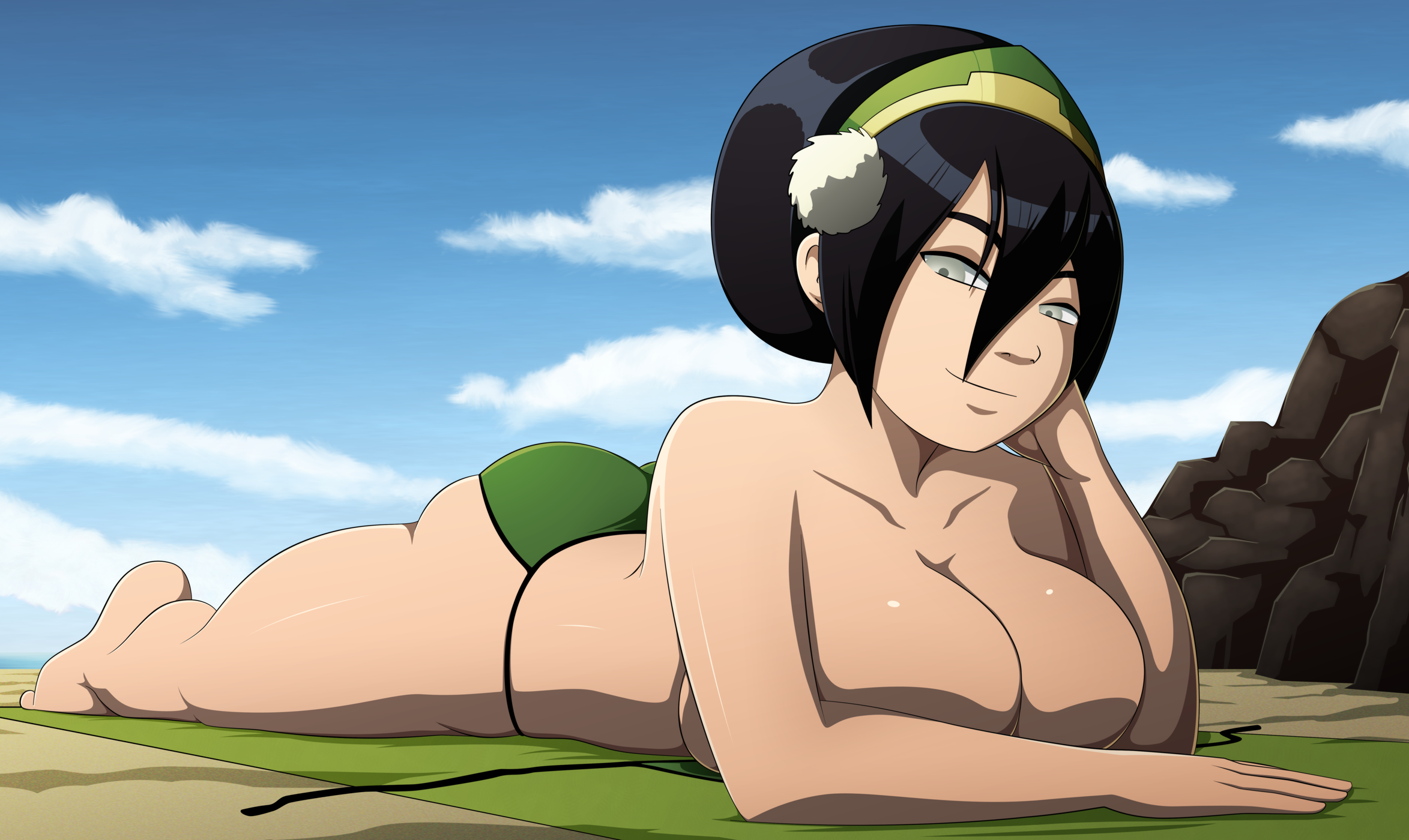 alternate breast size, avatar the last airbender, big breasts, breasts, cleavage, female, female only, huge breasts, large breasts, looking at viewer, lying, ravenravenraven, solo, swimsuit, toph bei fong