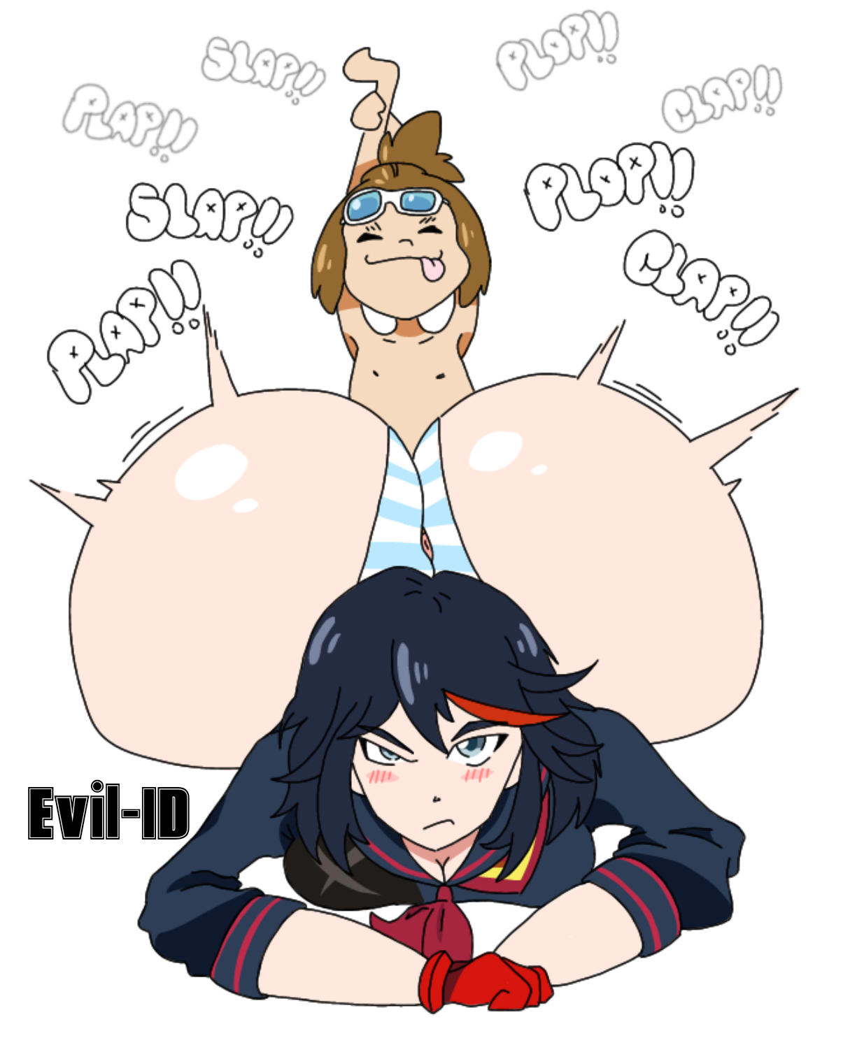 1boy, 1boy1girl, 1girls, ass, between ass, big ass, blush, bubble ass, bubble butt, buttjob, covered buttjob, exposed ass, female, huge ass, kill la kill, mad, male, mankanshoku mataro, matoi ryuuko, naked male, nude male, penis between ass, plap, plapping, plapping big butt, slap, studio trigger, tagme, tagme (artist), underwear