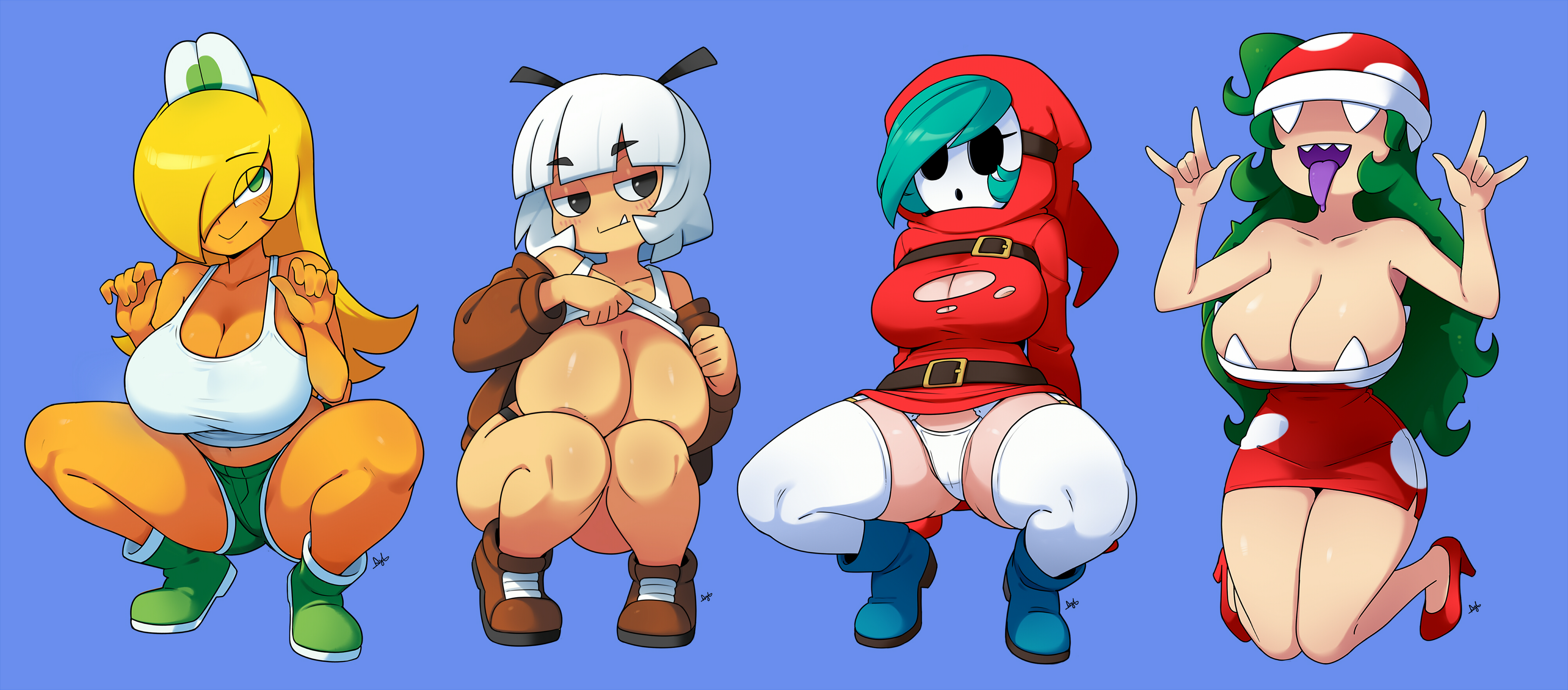 2026, 2d, 4girls, ayb, big breasts, blonde hair, blue background, breasts, cleavage, clothing, dress, fangs, goomba, goomba girl, green hair, hair between eyes, hair over one eye, heels, hoodie, jacket, koopa, koopa girl, large breasts, long hair, mario (series), mask, masked female, messy hair, multiple girls, naked jacket, nintendo, panties, piranha plant, piranha plant girl, red clothing, red dress, sharp teeth, short hair, short shorts, shorts, shy gal, shy guy, smile, tagme, tank top, thighhighs, tongue, tongue out, white hair, white legwear, white panties, white tank top