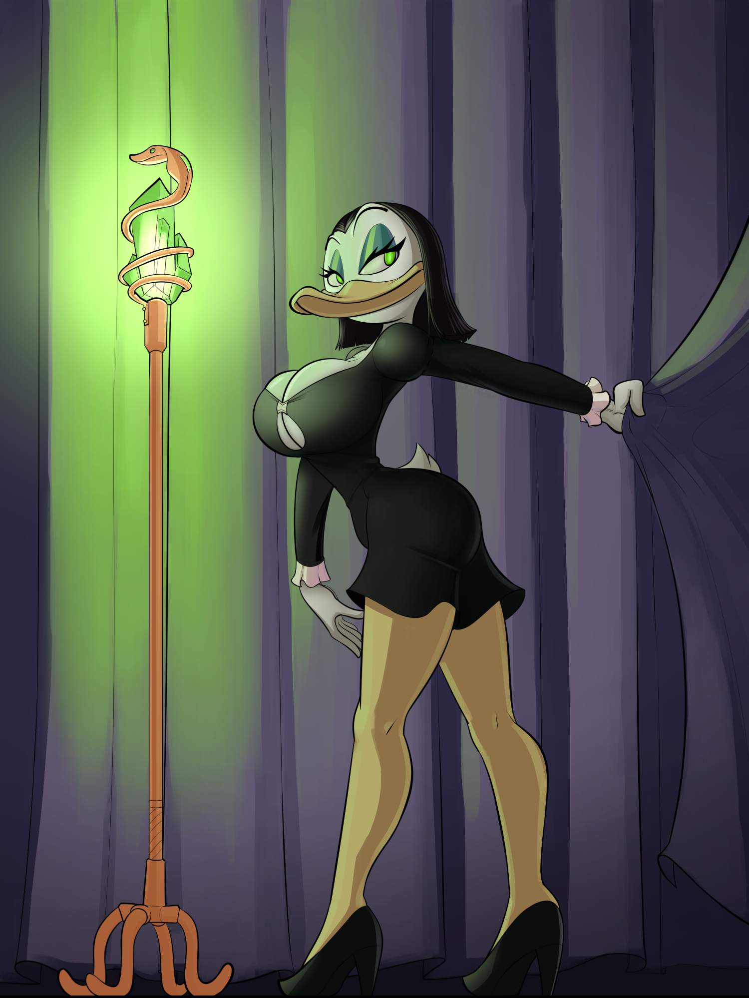 anthro, ass, avian, black dress, black hair, breasts, cleavage, clothed, curvy, disney, dress, duck, ducktales, eyelashes, eyeshadow, female, female only, full body, green eyes, high heels, highres, hourglass figure, large breasts, magica de spell, minidress, short hair, smile, solo, standing, tail, thingshappen, white feathers