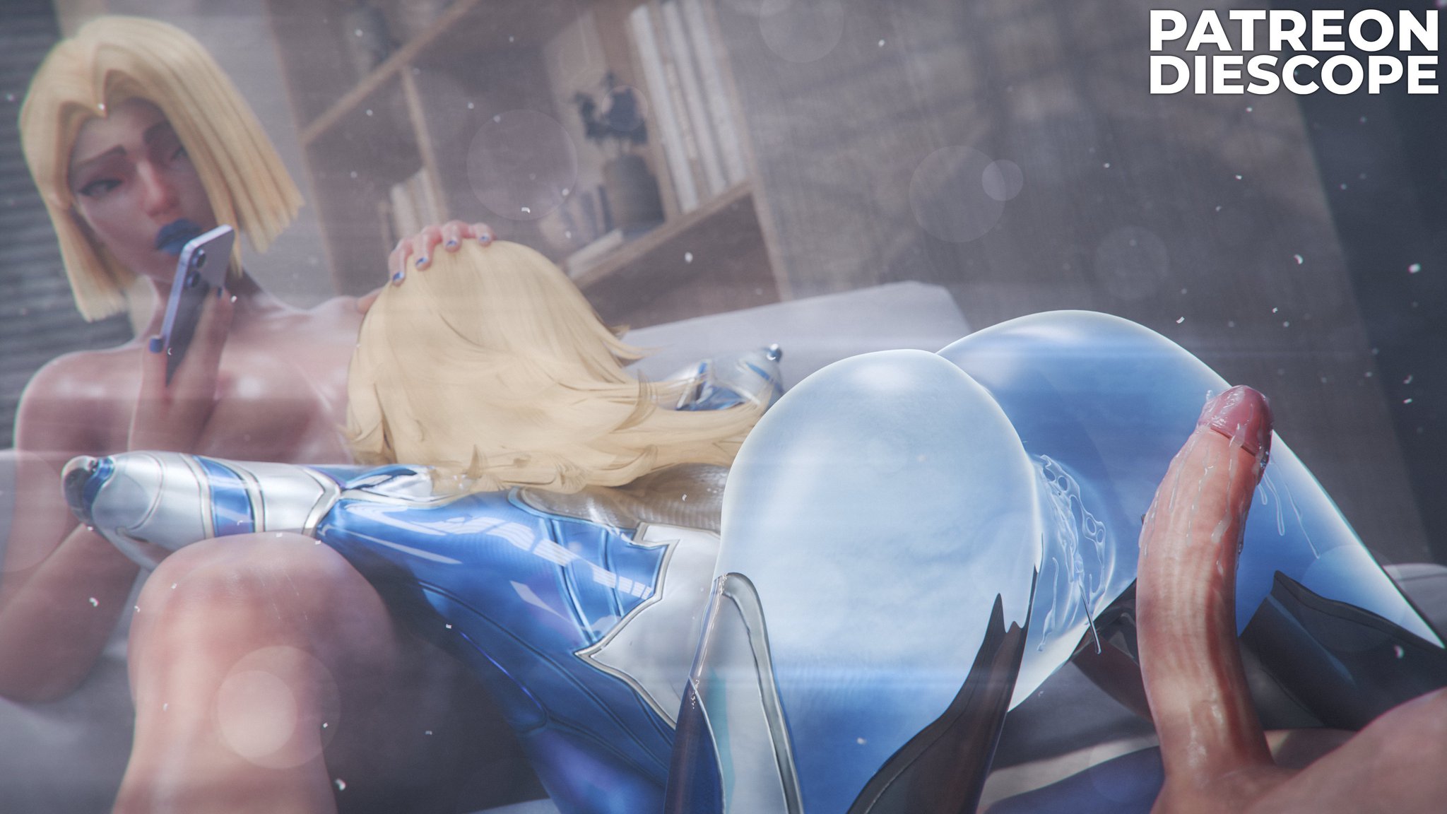 1boy, 2girls, 3d, bisexual female, diescope, emma frost, emma frost (marvel rivals), fantastic four, from behind, invisible, invisible woman, invisible woman (marvel rivals), light-skinned female, light-skinned male, marvel, marvel rivals, sue storm, white queen, x-men