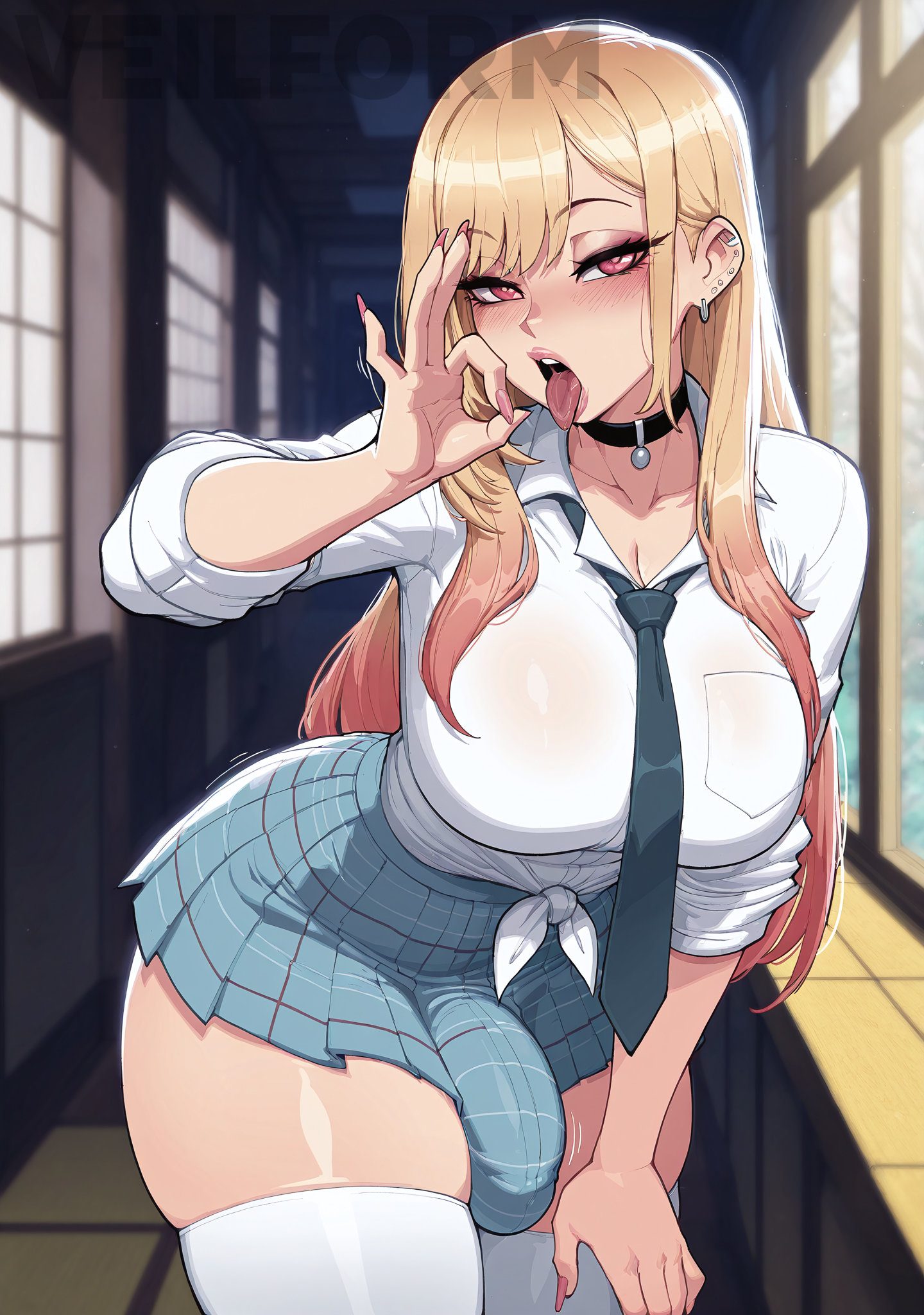ai generated, anime, balls, bending over, big breasts, blonde hair, blowjob gesture, blush, bulge, chocker, futanari, hips wider than shoulders, kitagawa marin, makeup, miniskirt, my dress up darling, open mouth, penis, penis visible through clothing, pink eyes, pink highlights, school uniform, schoolgirl, tagme, thick thighs, thighhighs, tongue out, veilform, watermark