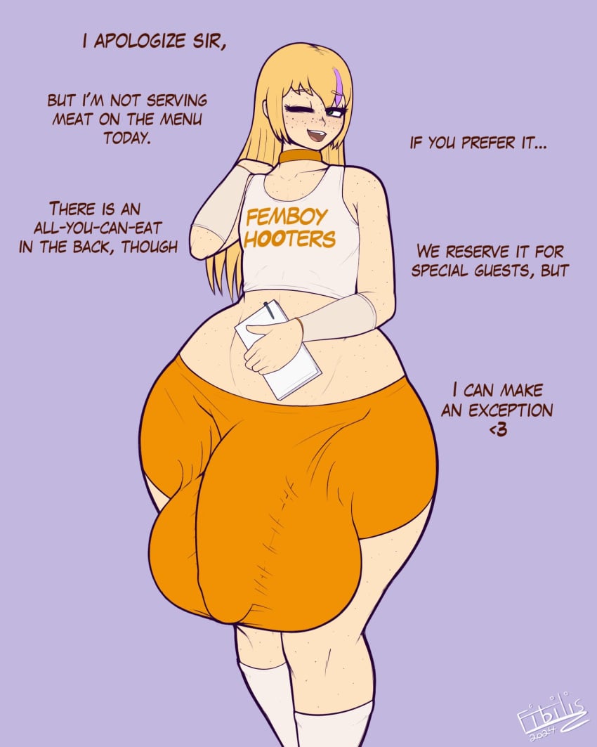 bulge, femboy, femboy hooters, fibilis, higher resolution at source, higher resolution available, hooters, hooters uniform, hyper, hyper bulge, hyper cock femboy, hyper penis, long hair, looking at viewer, menu, penis, repost, velyn (fibilis)