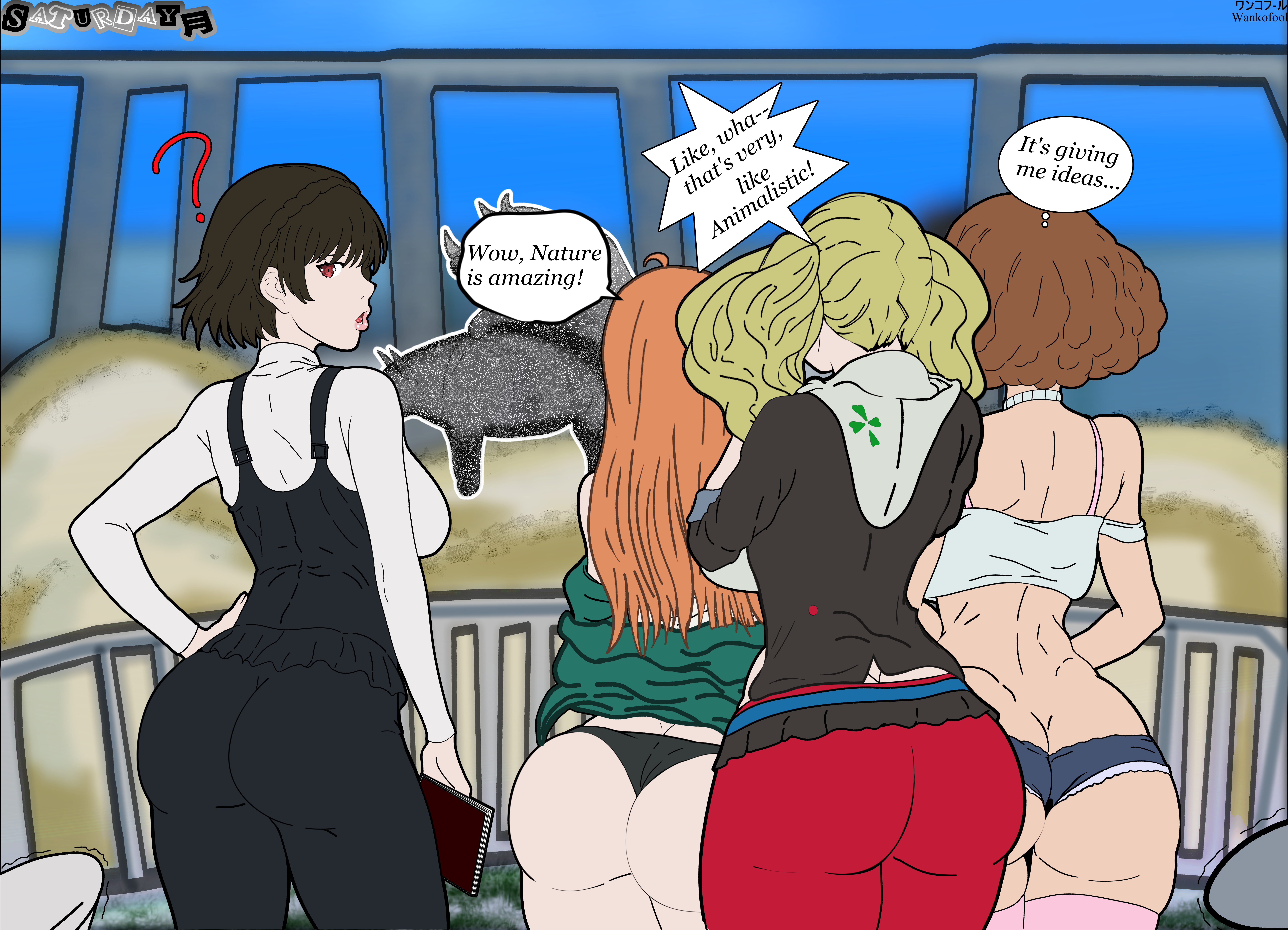 ?, 4girls, ahoge, ann takamaki, ass, atlus, back, big ass, black hair, black vest, blonde hair, braid, brown hair, crown braid, english text, feline, female, female only, from behind, fur-trimmed jacket, green jacket, haru okumura, holding, hood, hoodie, imminent sex, jacket, large ass, long hair, makoto niijima, megami tensei, micro shorts, multiple girls, orange hair, outdoors, panties, pants, pantyhose, persona, persona 5, persona 5 royal, red eyes, red legwear, sakura futaba, school uniform, sega, shirt, short hair, short shorts, shorts, shuujin academy school, speech bubble, text, thighhighs, twintails, underwear, uniform, wankofool, white shirt, zoo