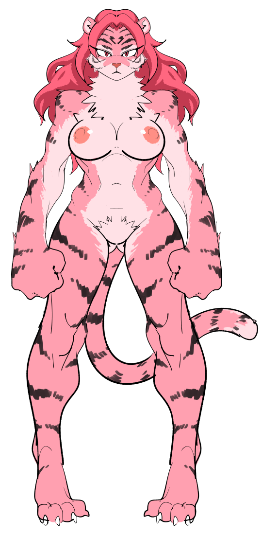 2018 anthro barefoot breasts chest_tuft clenched_fists digital_media_(artwork) featureless_crotch feline female fur furry furry_only hair hi_res long_hair looking_at_viewer mammal navel nipples no_humans nude pink_eyes pink_fur pink_hair pose pubes simple_background solo tiger tuft watatanza white_background