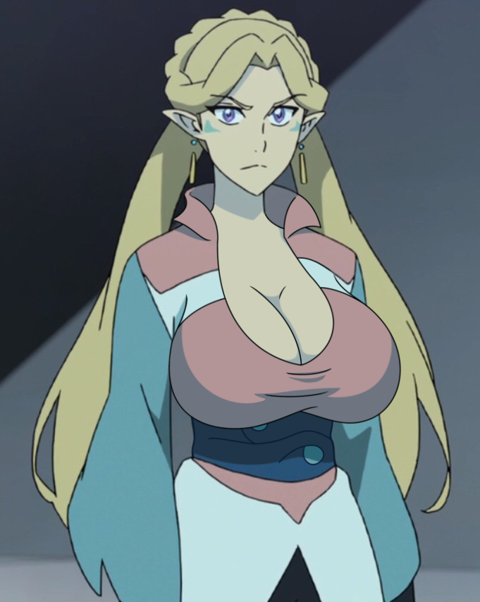 1girls altean big_breasts blonde_hair breasts cleavage clothed earrings edit female female_only pointy_chin pointy_ears purple_eyes romelle standing voltron voltron:_legendary_defender