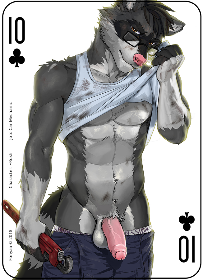 2018 abs anthro arection balls biceps brown_eyes card clothed clothing clothing_lift digital_media_(artwork) english_text eyewear fonyaa fur glasses grey_fur hair holding_object humanoid_penis looking_at_viewer male male_only mammal mechanic muscular muscular_male pecs penis playing_card procyonid raccoon shirt shirt_lift simple_background solo standing text tools uncut white_background white_fur