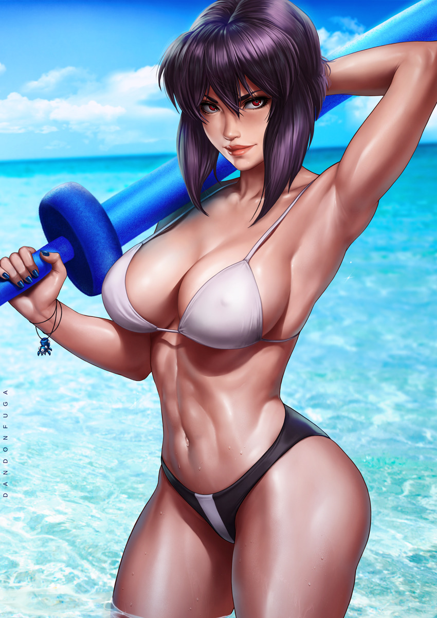 1girls, alternate version available, armpits, beach, big breasts, bikini, breasts, clothing, dandon fuga, female, female only, ghost in the shell, ghost in the shell stand alone complex, human, kusanagi motoko, looking at viewer, nipples, nonsexual, pale skin, purple hair, red eyes, short hair, solo, standing, swimsuit, swimwear, tachikoma, thick thighs