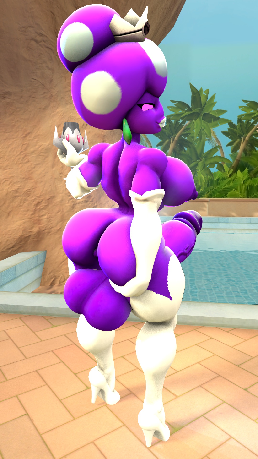 1futa, 3d, 3d (artwork), alien, alien girl, ass, ass crack, back view, balls, bare shoulders, big breasts, bimbo, breasts, busty, butt crack, crown, curvy, detailed background, ear piercing, earrings, elbow gloves, erect nipple, erect nipples, erection, eyelashes, female, futa only, futanari, gloves, high heels, holding object, hourglass figure, huge balls, huge cock, humanoid, intersex, kabalmystic (style), looking at viewer, looking back, lowkeydiag, mammal, mario (series), mario and luigi (series), naked, naked footwear, naked gloves, naked heels, nintendo, nipples, nude, outdoors, outside, penis, piercing, pink eyes, pool, pose, posing, princess, princess shroob, purple skin, royalty, shadow, shiny, shiny skin, shroob, sideboob, solo, standing, vein, veins, veiny, veiny penis, video game, video games, voluptuous, water, white footwear, white gloves, white legwear, white lips, white stockings, wide hips, wine glass