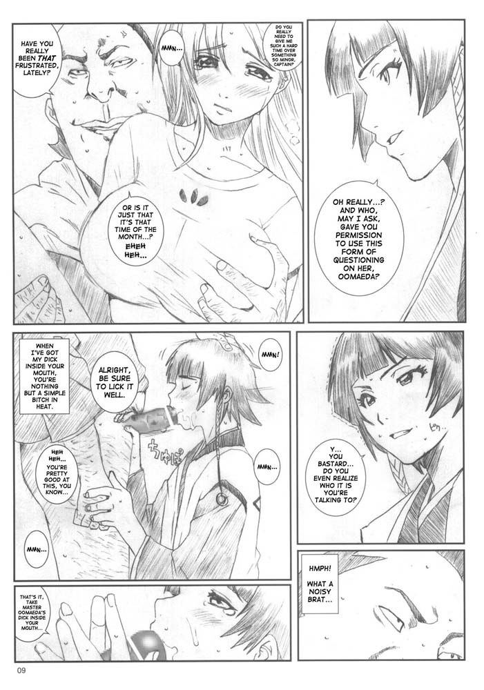 bleach double_penetration doujinshi english_text female hetero hinamori_momo inoue_orihime male matsumoto_rangiku monochrome multiple_girls oomaeda_marechiyo paizuri soifon straight straight_sex tagme text