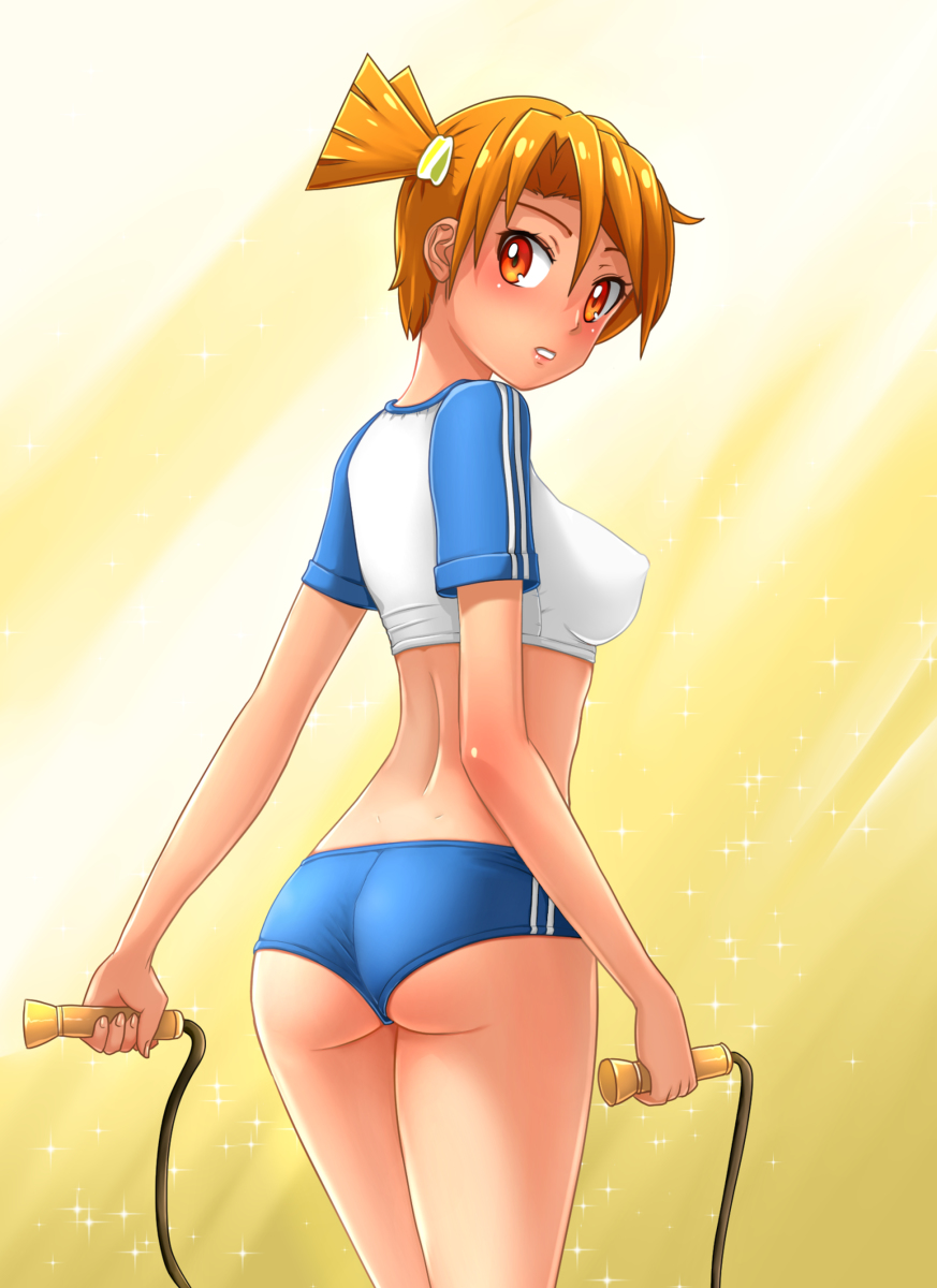 :o ass back_view blue_shorts dvach-tan huyase jump_rope red_eyes red_hair