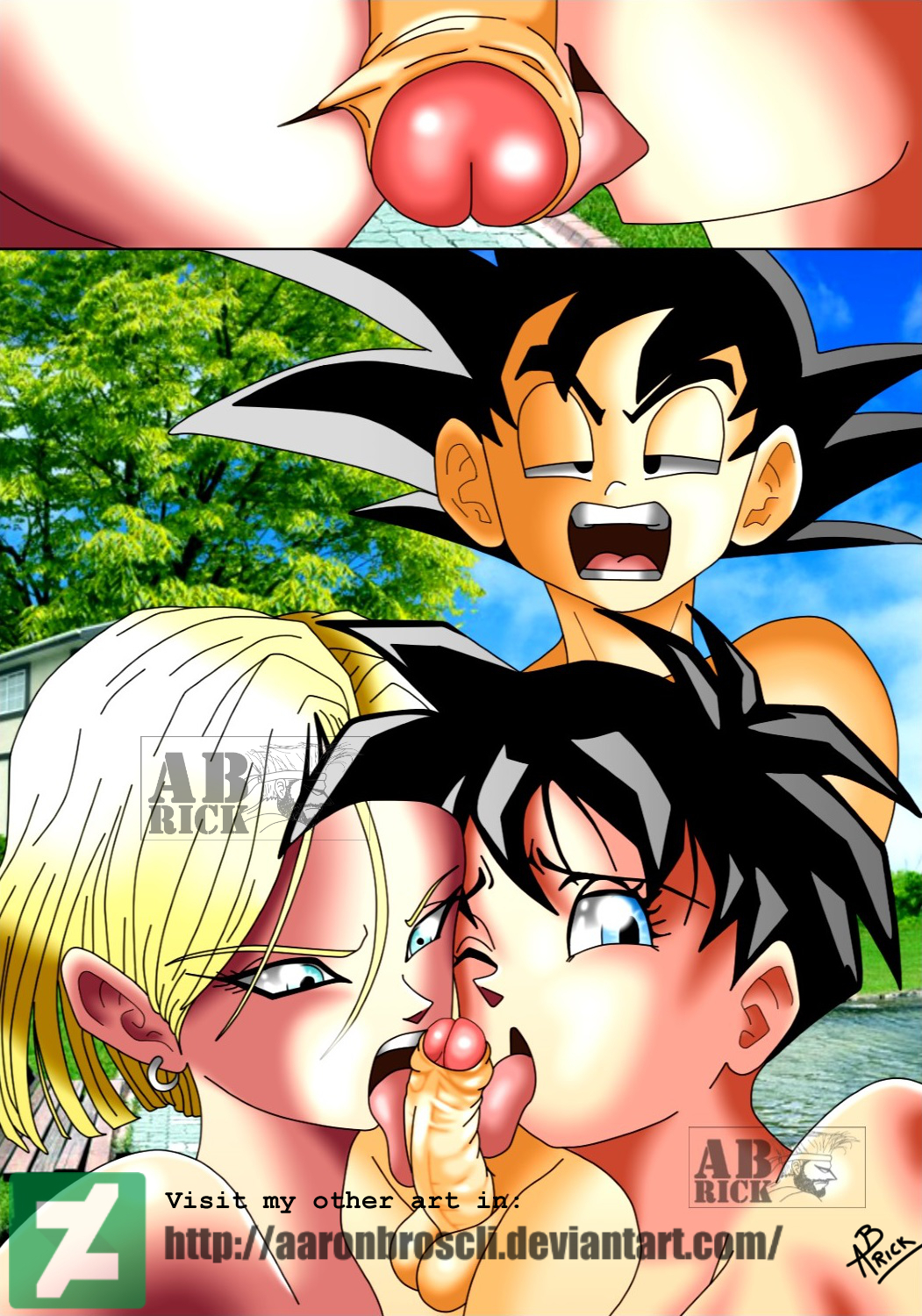 2girls aaron_broscli android_18 blonde_hair blue_eyes curvy dragon_ball female multiple_girls short_hair son_goten thick_lips videl voluptuous