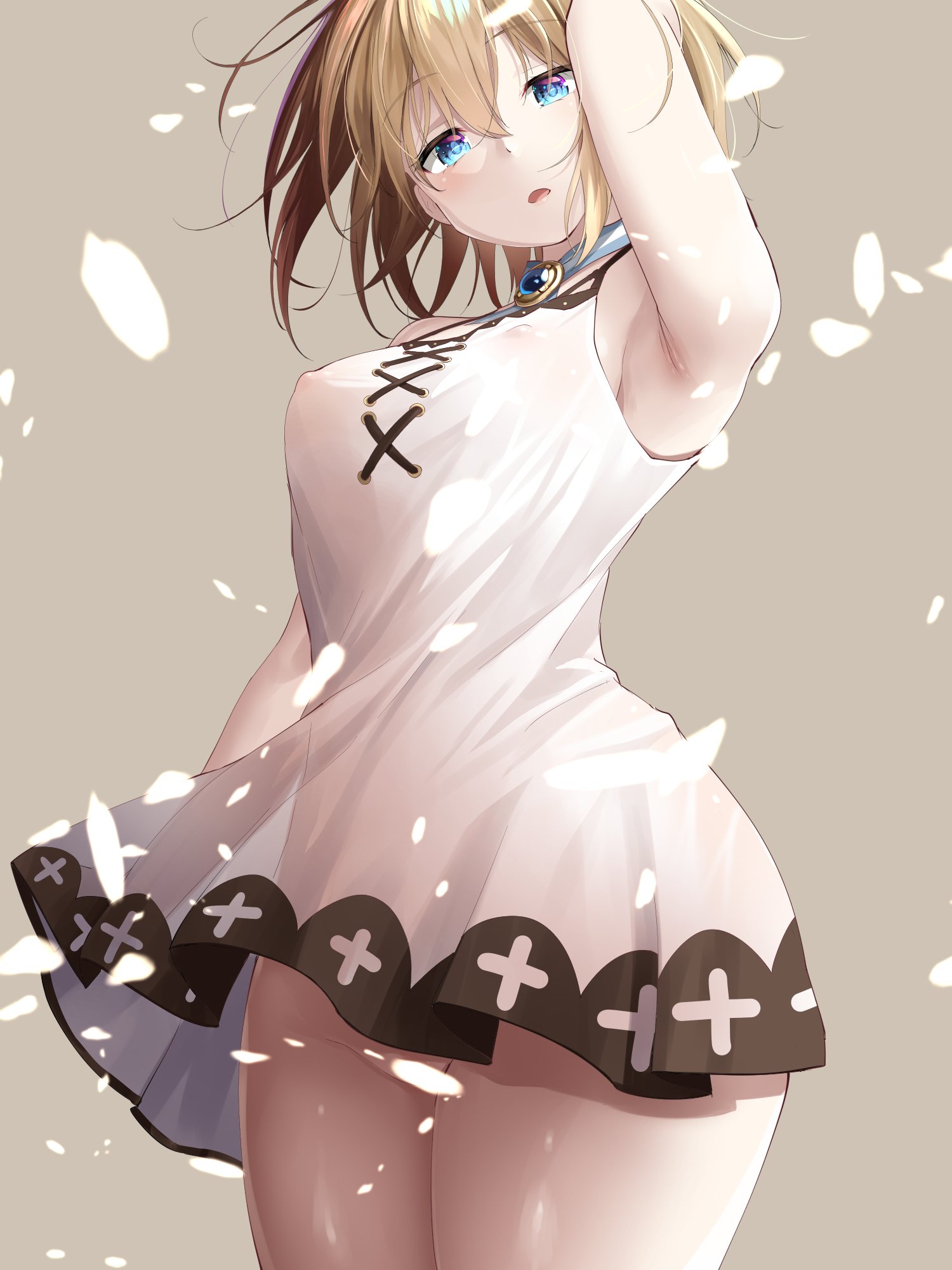:o, big breasts, blanc, blue eyes, breasts, brown hair, censored, dress, female, looking at viewer, neptunia (series), no bra, no panties, short hair, upskirt