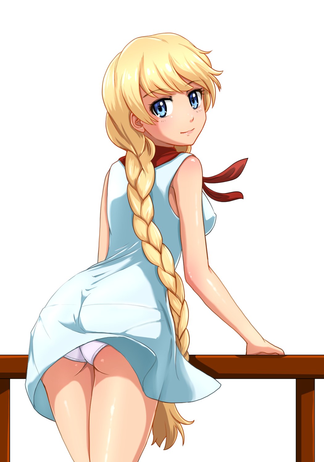 ass blonde_female blonde_hair blue_eyes braid dress huyase looking_at_viewer simple_background slavya-chan white_background white_panties