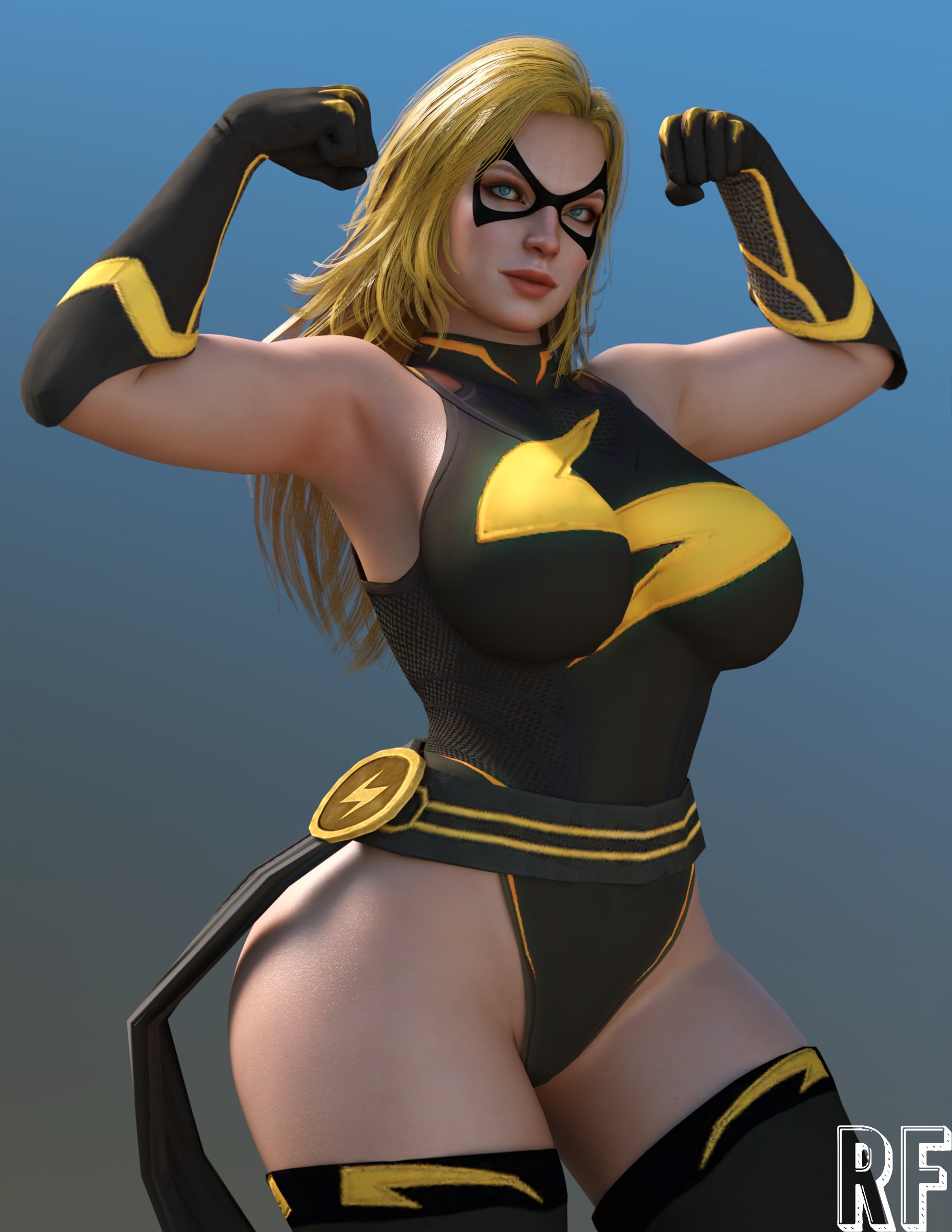 1girls, 3d, absurd res, blonde hair, blue eyes, carol danvers, female, female only, hi res, marvel, marvel comics, marvel future revolution, mask, ms. marvel, ms. marvel (carol danvers), rude frog, solo, superheroine, thick thighs, thighs, wide hips