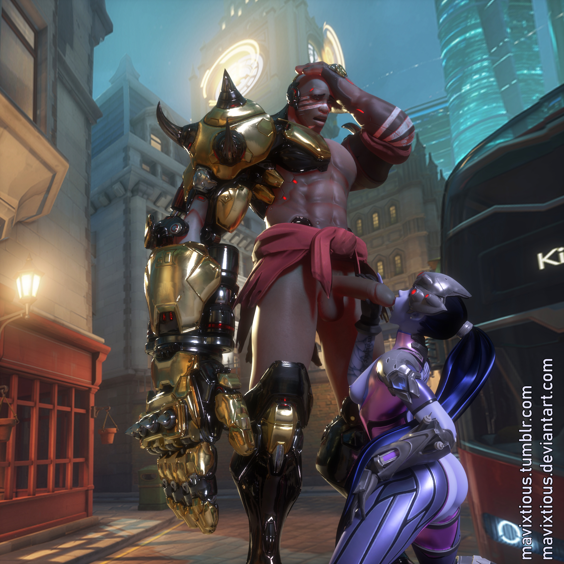 3d, blizzard entertainment, blowjob, dark skin, dark-skinned male, deviantart username, doomfist, fellatio, female, grabbing penis, horny, horny female, interracial, king's row (map), kneeling, male, mavixtious, on knee, oral, overwatch, penis, tagme, tongue, tongue out, tumblr username, widowmaker