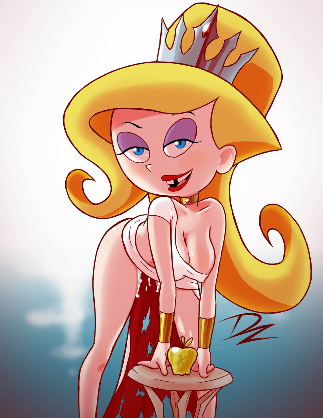 1girls apple_of_discord bending_over big_ass bimbo blonde_hair cartoon_network crown dripping_pussy dzyer eris_(billy_and_mandy) eyeshadow goddess golden_apple large_breasts lipstick makeup missing_tooth the_grim_adventures_of_billy_and_mandy