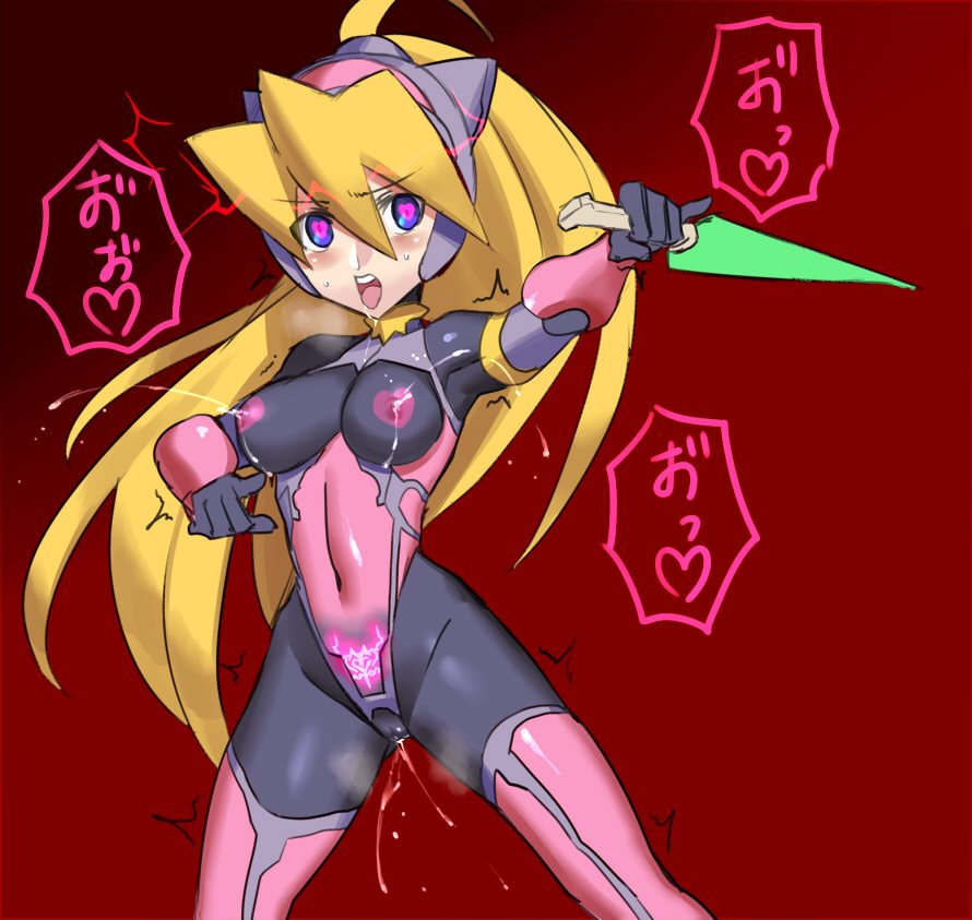 1girls ahe_gao blonde_hair blue_eyes blush bodysuit breasts capcom ciel_(mega_man) clothing cosplay covered_navel energy_blade erect_nipples eyebrows_visible_through_hair female female_only framed_breasts gloves glowing hair_between_eyes heart heart-shaped_pupils high_ponytail holding holding_weapon lactation lactation_through_clothes legs_apart leotard long_hair looking_at_viewer mega_man mega_man_zero ninja nipples open_mouth ponytail pussy_juice pussy_juice_drip pussy_juice_trail simple_background skin_tight solo symbol-shaped_pupils taimanin_(series) tattoo teeth text thighhighs thighs translation_request trembling ukimukai very_long_hair weapon wet