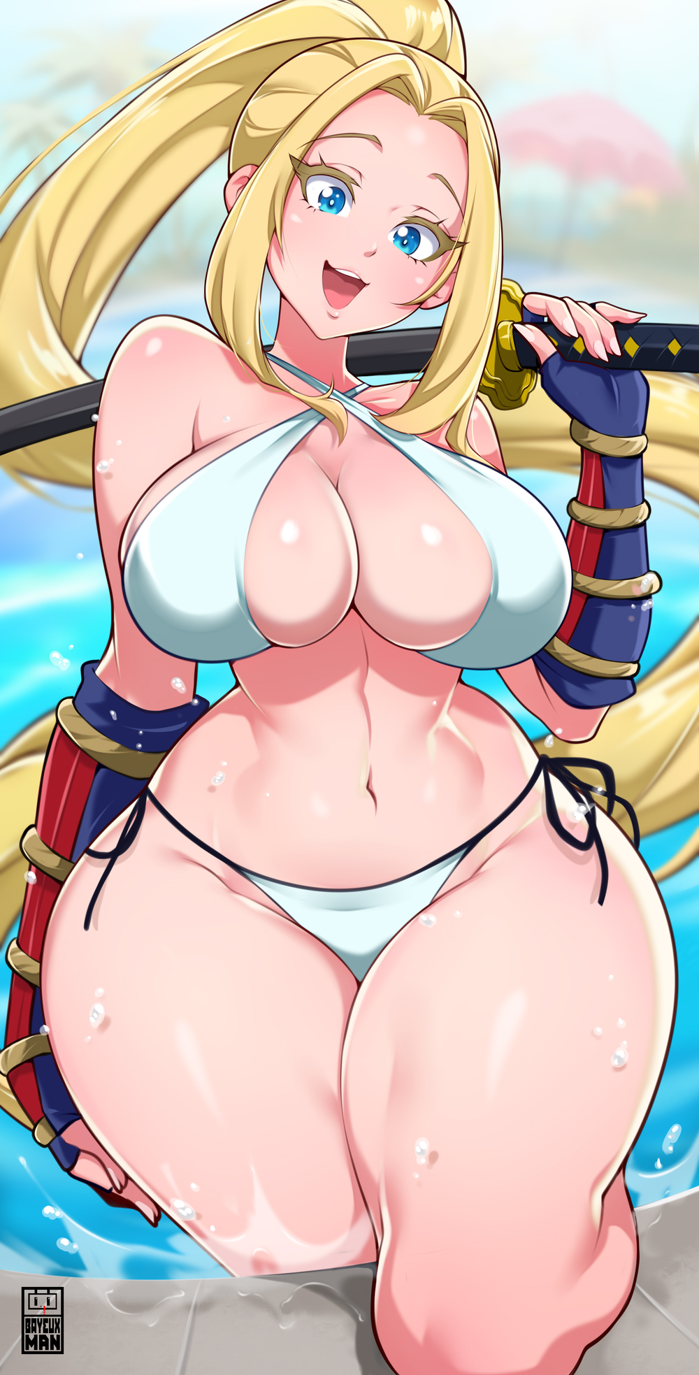 1girls bare_arms bare_legs bare_shoulders bare_thighs bayeuxman beatrix_amerhauser big_breasts bikini bikini_bottom bikini_top blonde_hair blue_eyes clothed clothing color female female_focus female_only hi_res large_breasts light-skinned_female light_skin long_hair looking_at_viewer open_mouth solo solo_female sword tagme thick_thighs water wet zom_100_zombie_ni_naru_made_ni_shitai_100_no_koto