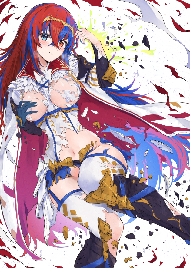 1girls alear_(female)_(fire_emblem) alear_(fire_emblem) blue_eyes blue_hair censored covering_one_breast covering_privates embarrassed_nude_female enf female female_only fire_emblem fire_emblem_engage leggings long_hair multicolored_hair navel nintendo red_eyes red_hair solo tiara torn_clothes torn_leggings two-tone_hair very_long_hair yuuri_(orz_commushows)