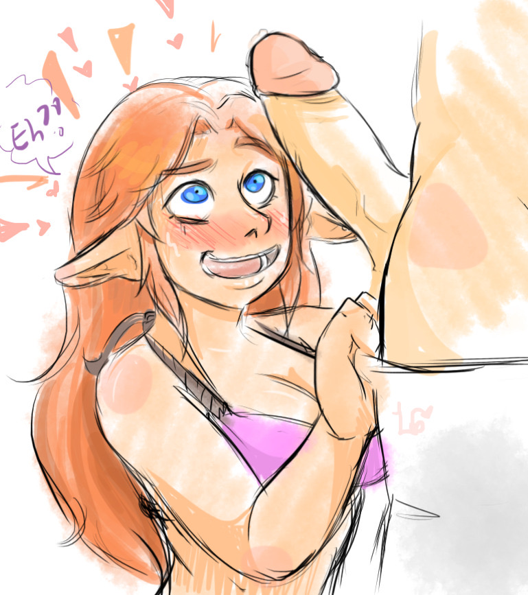 big penis, blue eyes, blush, blushing profusely, bra, bra only, breasts, cleavage, cock, cock hungry, female, hearts around head, hylian, hylian ears, imminent sex, large breasts, large penis, link, link (ocarina of time), long hair, male, malon, nintendo, ocarina of time, penis, penis awe, penis out, pointy ears, pulling down pants, red hair, spoken exclamation mark, the legend of zelda