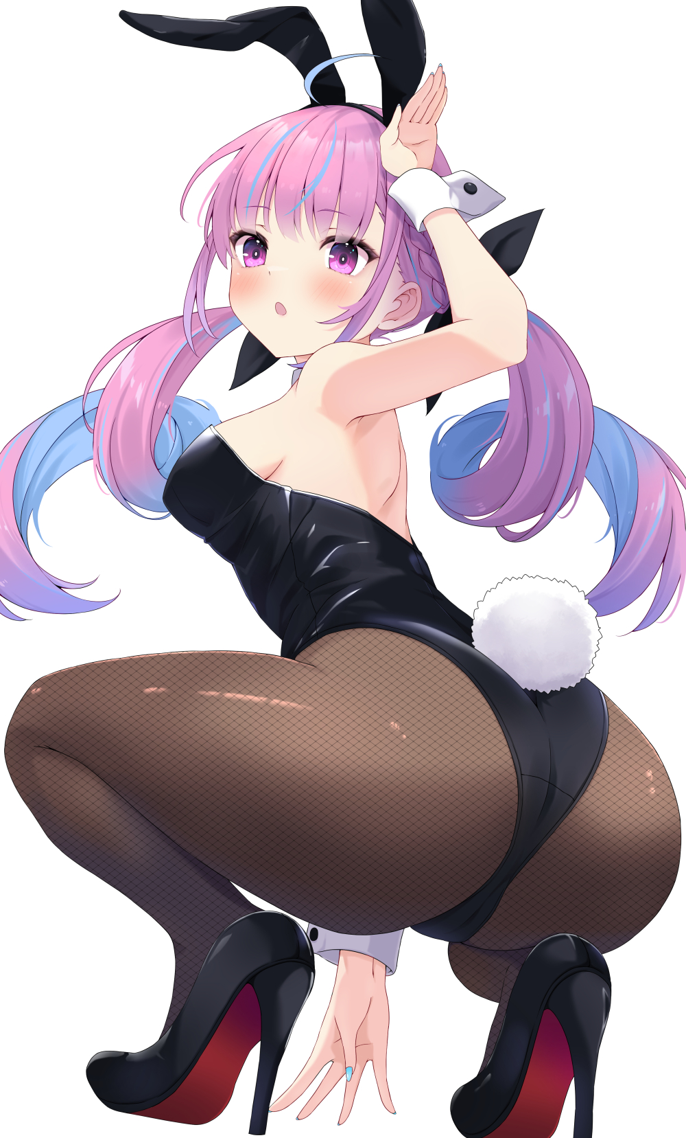 :o ass_focus blue_nails bunny_ears bunny_girl bunny_suit fishnets hand_on_floor heels hololive hololive_gen_2 hololive_japan huge_ass looking_back medium_breasts minato_aqua nail_polish painted_nails rear_view sideboob squatting thick_thighs virtual_youtuber wide_hips