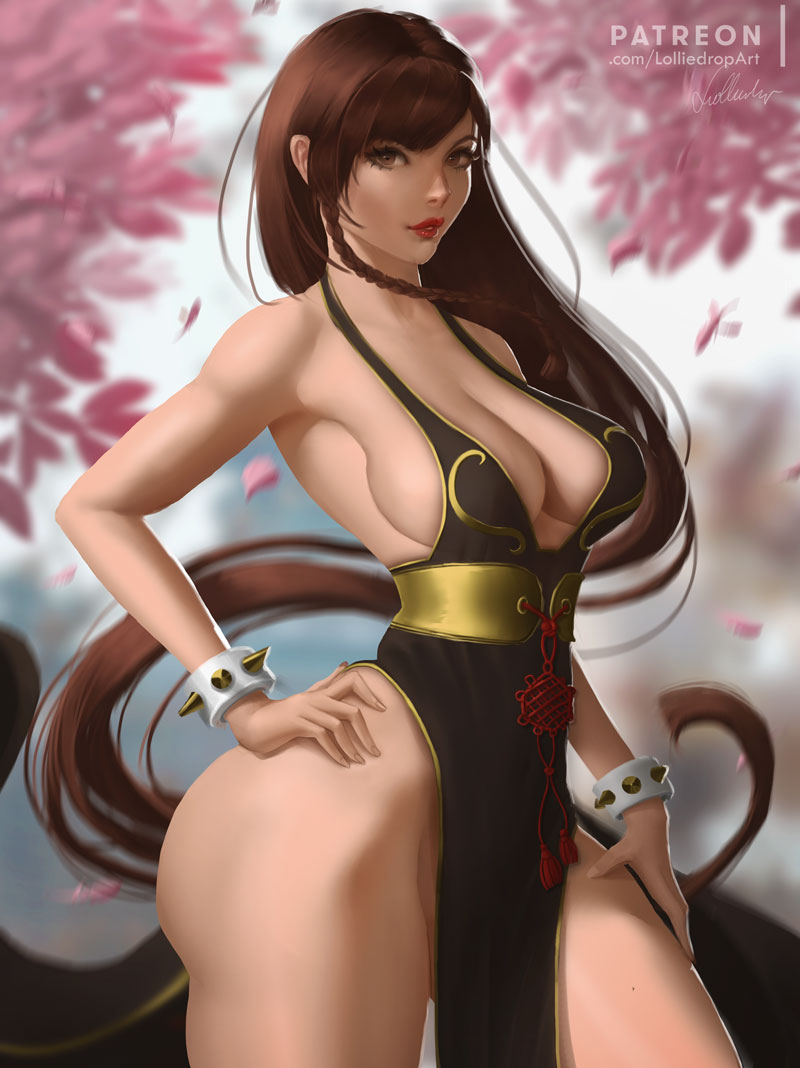 alternate costume, alternate hairstyle, big breasts, breasts, brown eyes, brown hair, capcom, chun-li, chun-li (battle ouffit sfv), cleavage, female, female only, large breasts, lolliedrop, long hair, looking at viewer, no panties, solo, street fighter, thick thighs