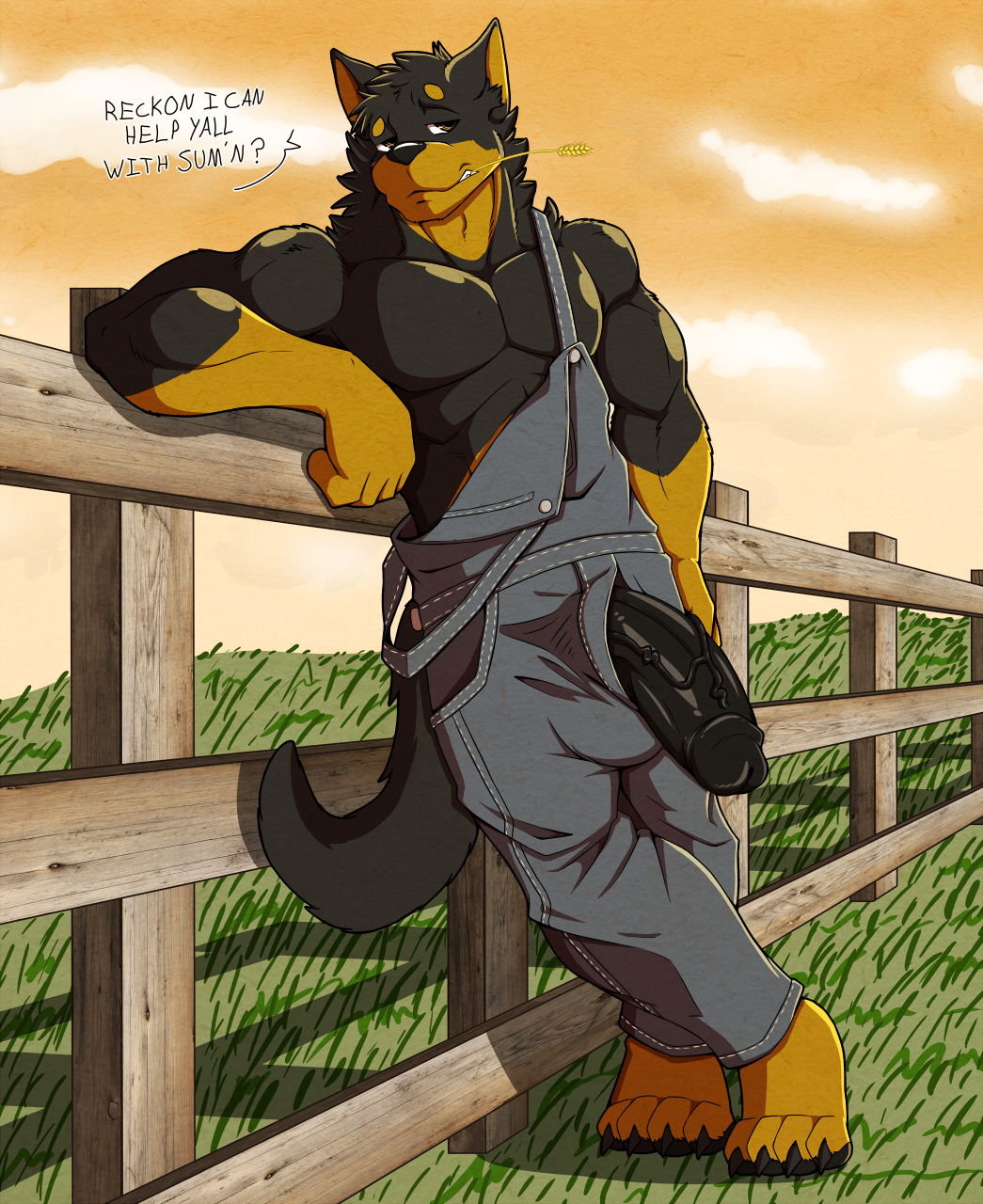 2018 4_toes 5_fingers abs alpha_male anthro beauceron biceps big_penis black_fur black_nose black_penis black_skin brown_eyes brown_fur brown_skin canine clothing cocky dialogue digitigrade doggieo doggieo_(character) english_text erection evening farm farmer fence fur gloves_(marking) grass humanoid_penis leaning looking_aside male male_only mammal markings multicolored_fur multicolored_skin muscular muscular_male muscular_thighs overalls penis poking_out pose socks_(marking) solo speech_bubble standing talking_to_viewer teasing text thick_penis toes two_tone_fur two_tone_skin vein verbal wardrobe_malfunction