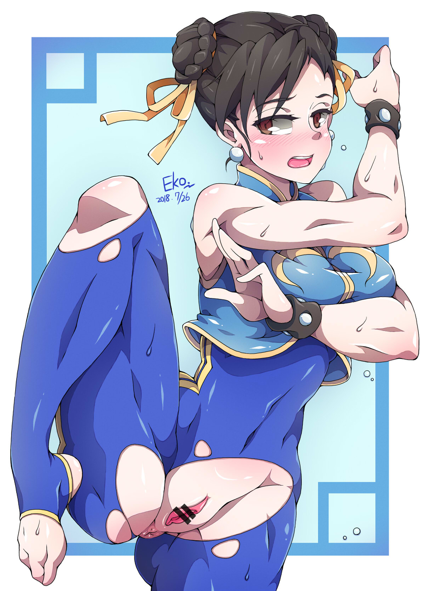 2018, anus, artist name, black hair, blush, bodysuit, brown eyes, capcom, censored, chun-li, crotch cutout, double bun, eko., feet, female, female only, gradient, gradient background, hair bun, open mouth, pussy, street fighter, sweat, toes, torn bodysuit, torn clothes