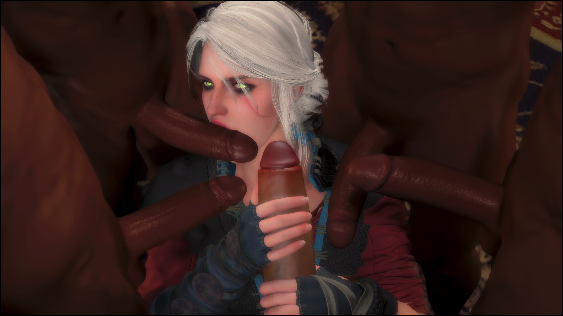 1girls, 3d, 5boys, blowbang, cd projekt red, ciri, dark skin, dark-skinned male, female, fingerless gloves, gloved handjob, gloves, hand on penis, handjob, handjob with gloves, holding penis, interracial, male, multiple boys, multiple males, multiple penises, penis, sdbtt, the witcher, the witcher (series), the witcher 3: wild hunt, touching penis