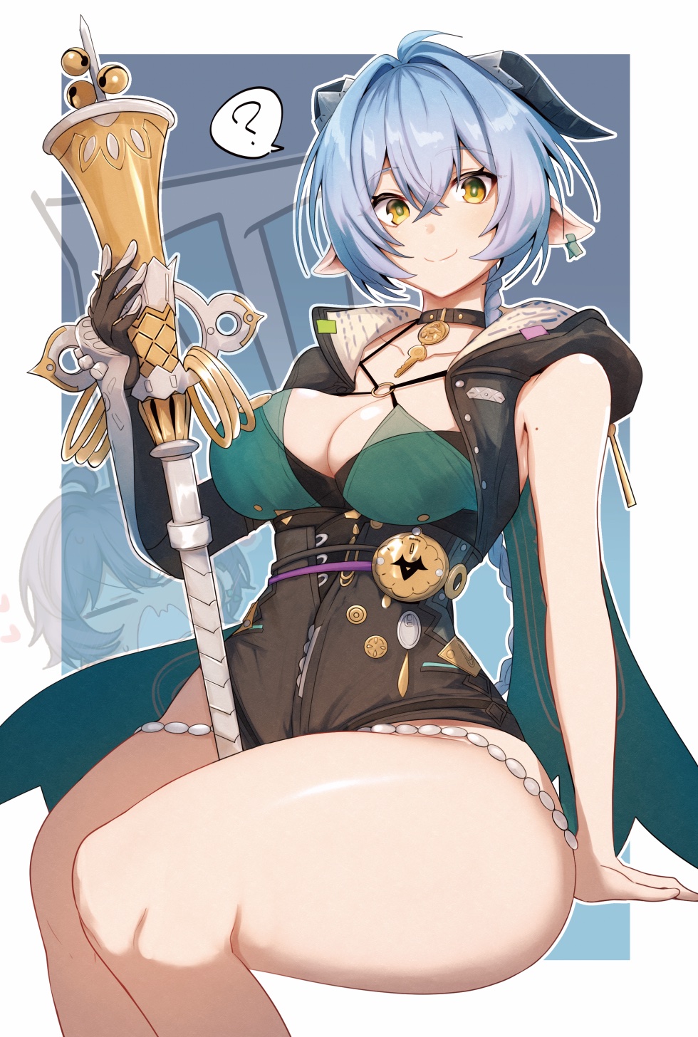 1girls, breasts, choker, cleavage, female, female only, gin moku, goat ears, goat girl, goat horns, green eyes, horns, kemonomimi, large breasts, light blue hair, looking at viewer, lucia elowen, pale skin, pale-skinned female, perfect body, staff, thick thighs, voluptuous, voluptuous female, wide hips, yellow eyes, zenless zone zero