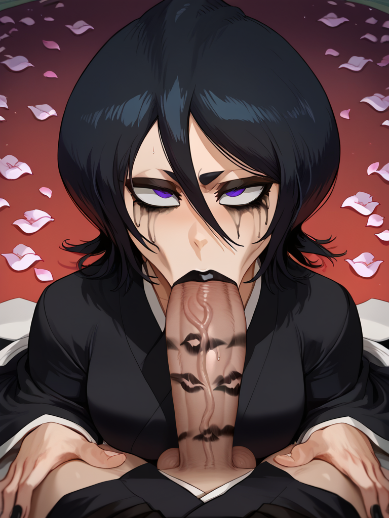 1boy 1girls ai_generated black_clothing black_hair black_kimono black_lips black_lipstick bleach bleach:_the_thousand-year_blood_war blowjob cock cock_worship faceless_male fellatio female female_focus huge_cock kimono kuchiki_rukia light-skinned_female light-skinned_male light_skin lipstick lipstick_mark lipstick_on_penis lipstick_smear looking_at_viewer looking_up male pony_diffusion_xl purple_eyes stable_diffusion