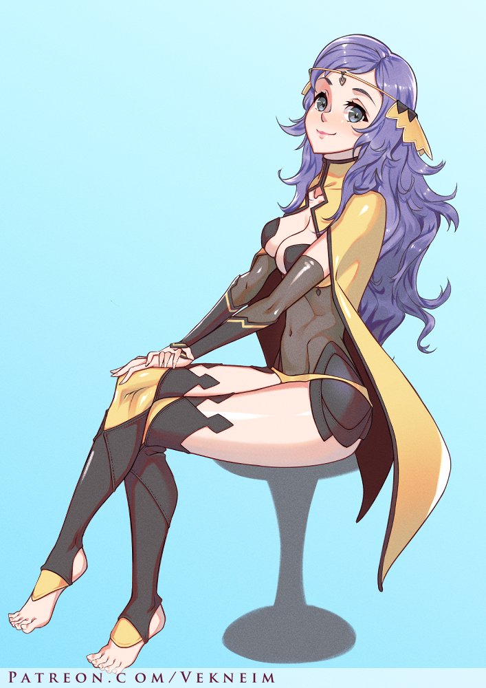 1girls bare_thighs black_bridal_gauntlets bodystocking breasts bridal_gauntlets circlet cleavage commission crossed_legs female female_only fire_emblem fire_emblem_fates gold_cape grey_eyes heel-less_legwear hip_armor long_hair looking_at_viewer medium_breasts nintendo ophelia_(fire_emblem) panties purple_hair solo thighs toeless_legwear toes underwear vekneim yellow_panties