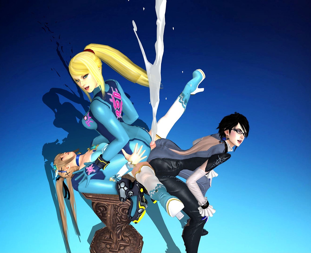 1futa, 2girls, 3d, 3girls, age difference, ass, ass grab, ass-to-ass, assjob, bayonetta, bayonetta (character), black hair, blonde hair, buttjob, central-tides, crossover, cum, cum explosion, cumshot, dead or alive, dead or alive 5, double buttjob, female, female on futa, futanari, high heels, intersex, larger female, looking at viewer, looking back, marie rose, metroid, nintendo, orgasm, penis, samus aran, shadow, size difference, smaller futa, source request, threesome, xnalara, xps, zero suit, zero suit samus