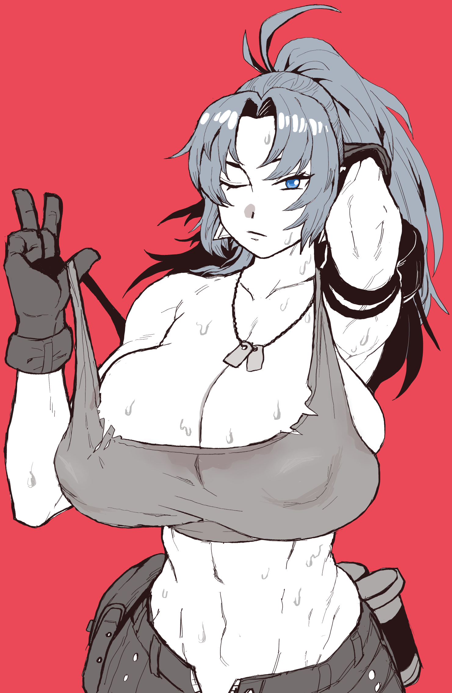 1girls, abs, alternate breast size, big breasts, blue eyes, blue hair, breasts, cleavage, efto (pixiv), female, female only, gigantic breasts, gloves, huge breasts, ikari warriors, king of fighters, large breasts, leona heidern, muscular, muscular female, navel, ponytail, snk, solo, sweat, voluptuous