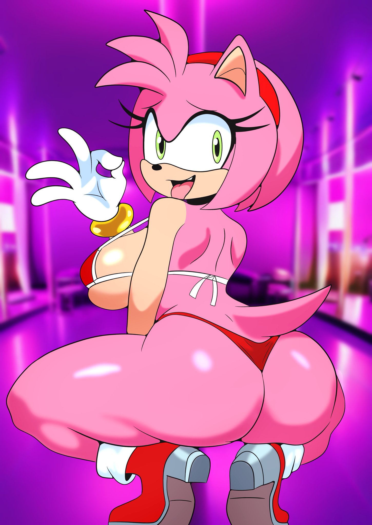 1girls amy_rose ass big_ass big_breasts big_butt eyelashes female female_only furry_funnychan green_eyes large_ass large_breasts looking_at_viewer looking_back ok_sign open_mouth panties pink_body pink_fur pink_hair sideboob solo solo_female solo_focus sonic_(series) sonic_the_hedgehog_(series) stripper stripper_pole tail thick_thighs thighs wide_hips